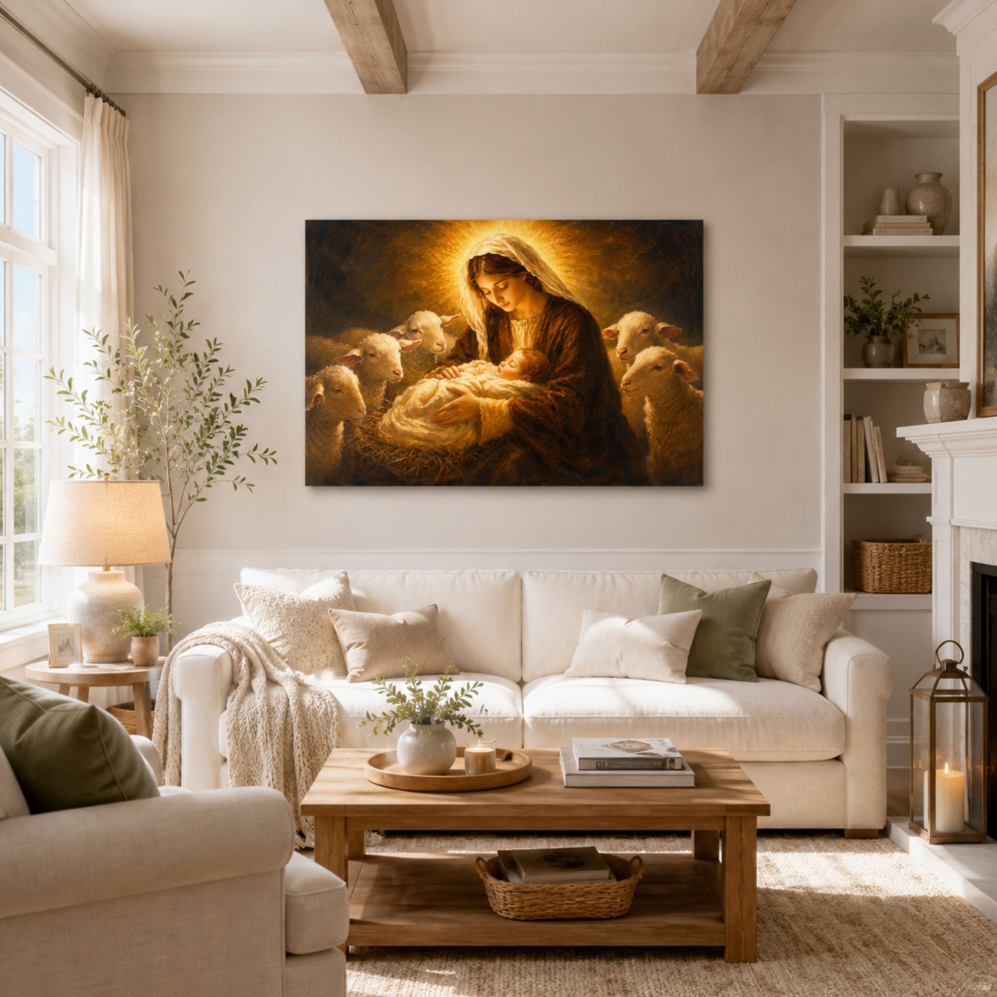Virgin Mary with Newborn Jesus and Lambs Canvas Print, Christian Home Decor
