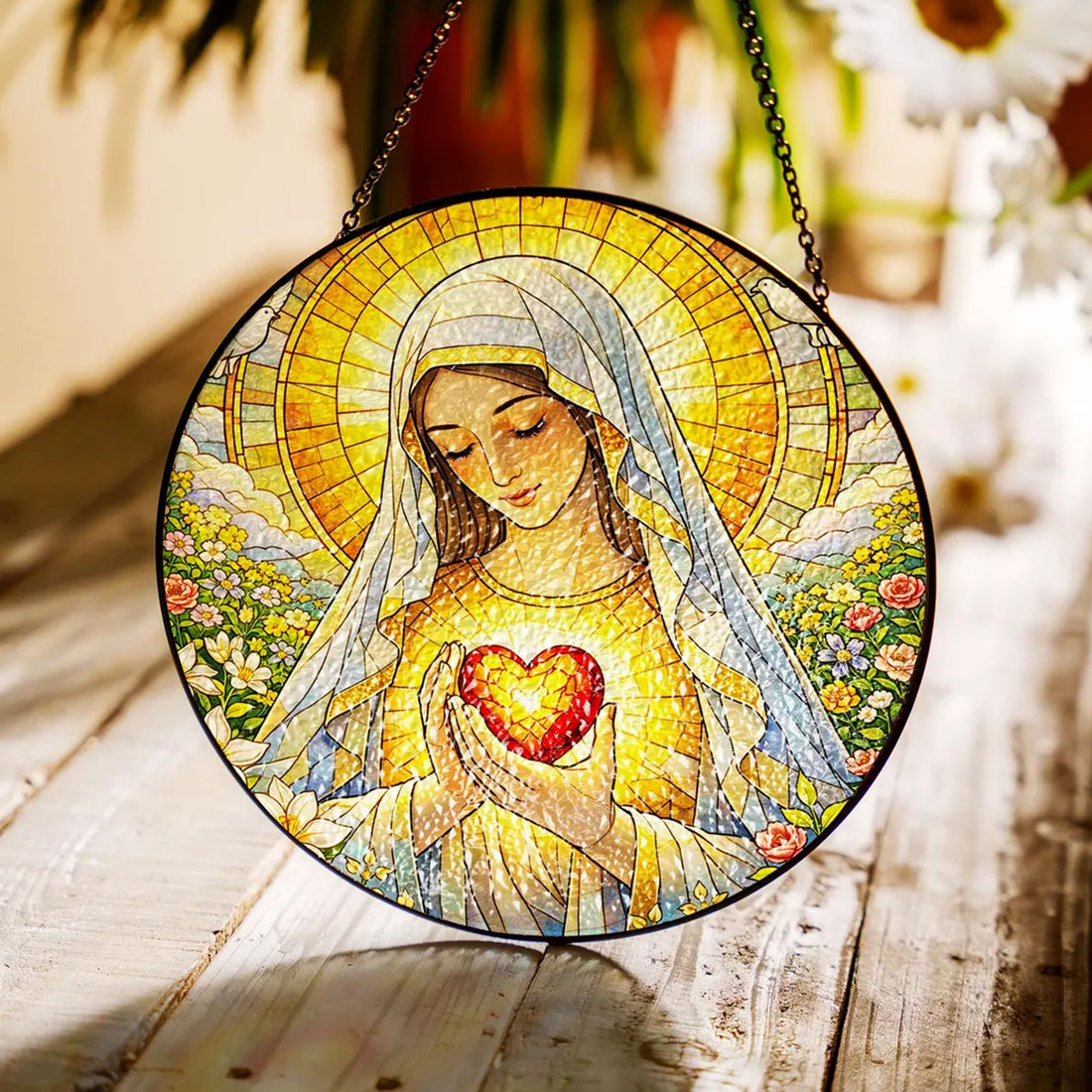 Virgin Mary Stained Glass Suncatcher, Immaculate Heart of Mary Window Hanging, Catholic Religious Decor, Faith Gift