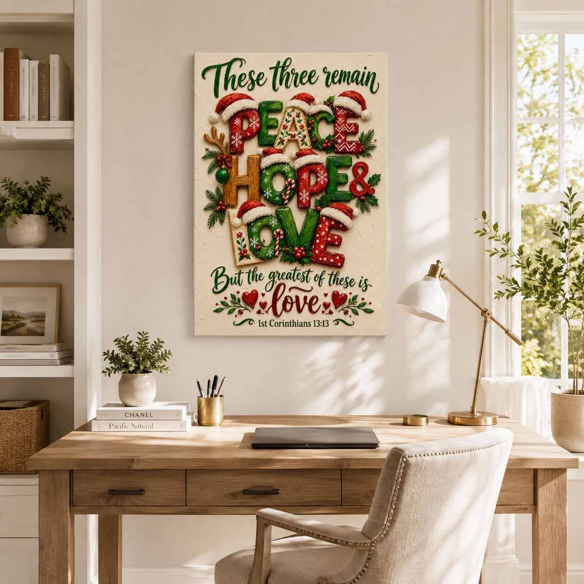 Peace Hope Love Christmas Canvas Print, 1 Corinthians 13:13 Christian Wall Decor, Faith Gift