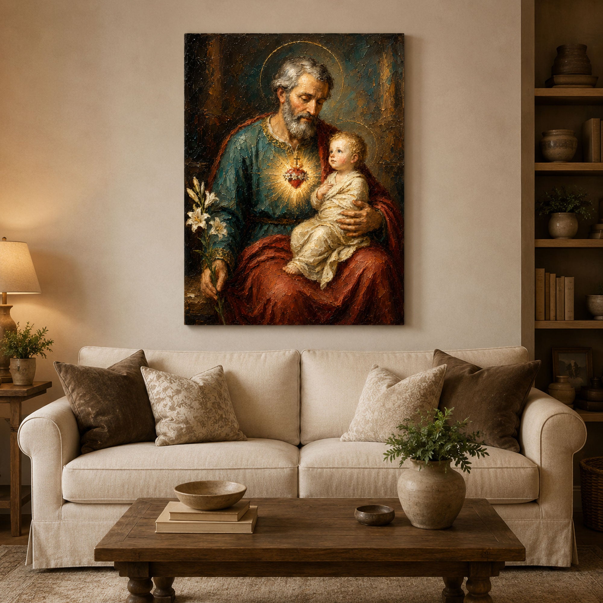St. Joseph and Child Jesus Canvas Print, Sacred Heart Catholic Wall Art, Patron of Families Painting, Christian Home Decor