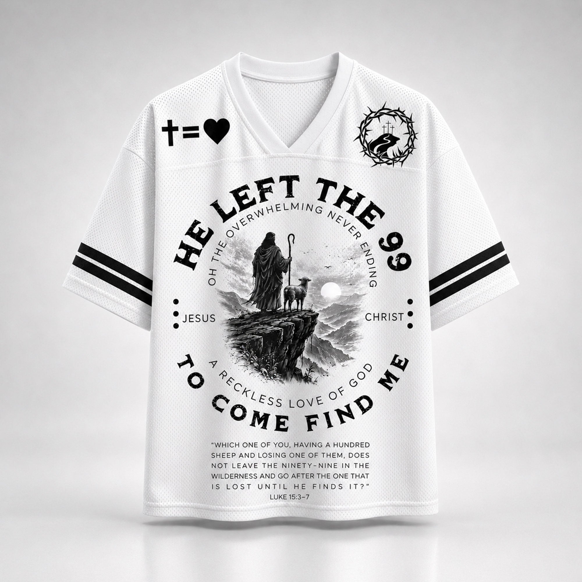 He Left the 99 Christian Mesh Jersey, Luke 15:3–7 Lost Sheep Bible Verse Shirt, Jesus the Good Shepherd Faith Apparel