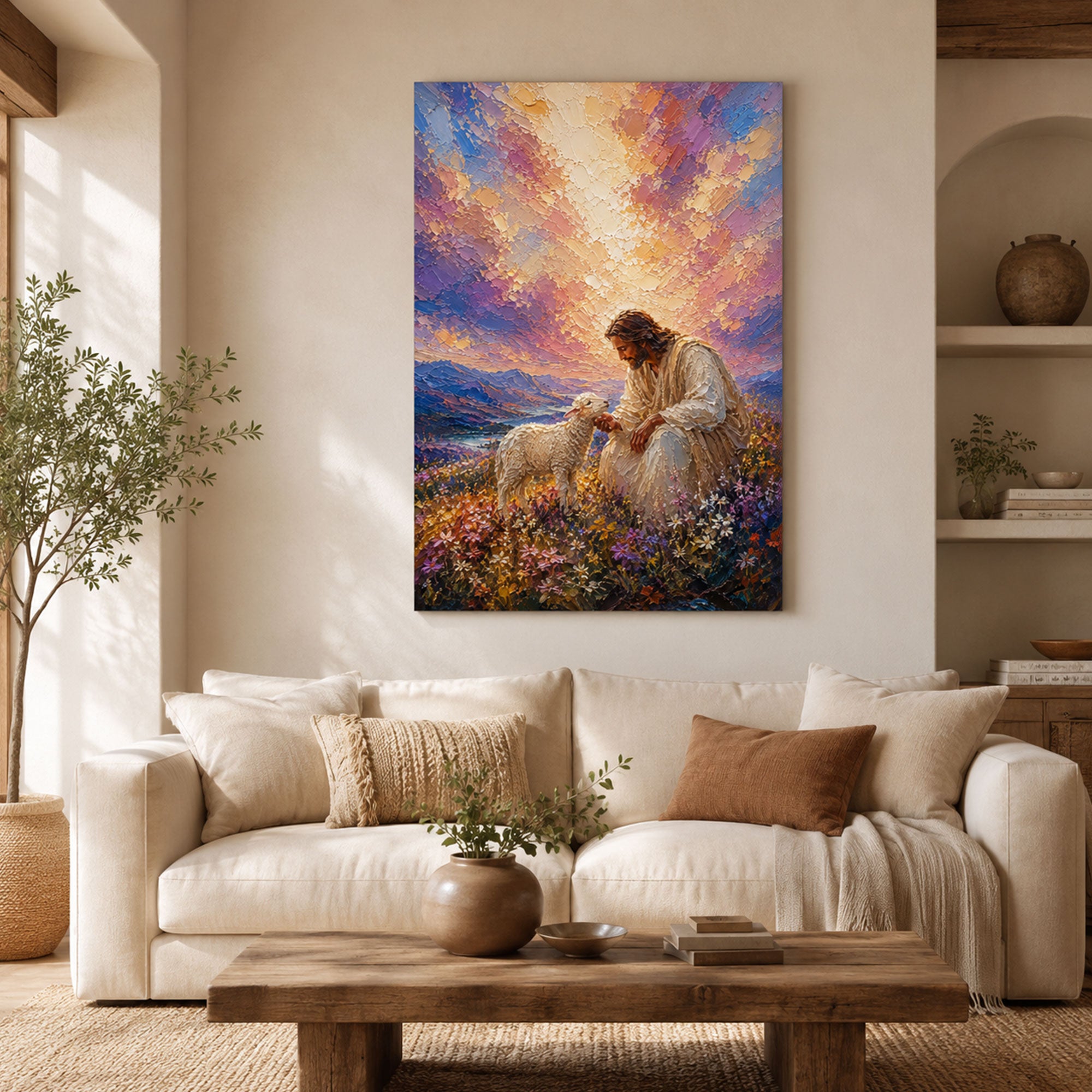Good Shepherd Jesus Canvas Print, Jesus with Lamb Wall Art, Christian Faith Painting, Peaceful Religious Home Decor