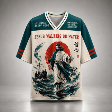 Jesus Walking on Water Christian Mesh Jersey, Faith Over Fear Number 14 Shirt, Japanese Wave Bible Verse Apparel