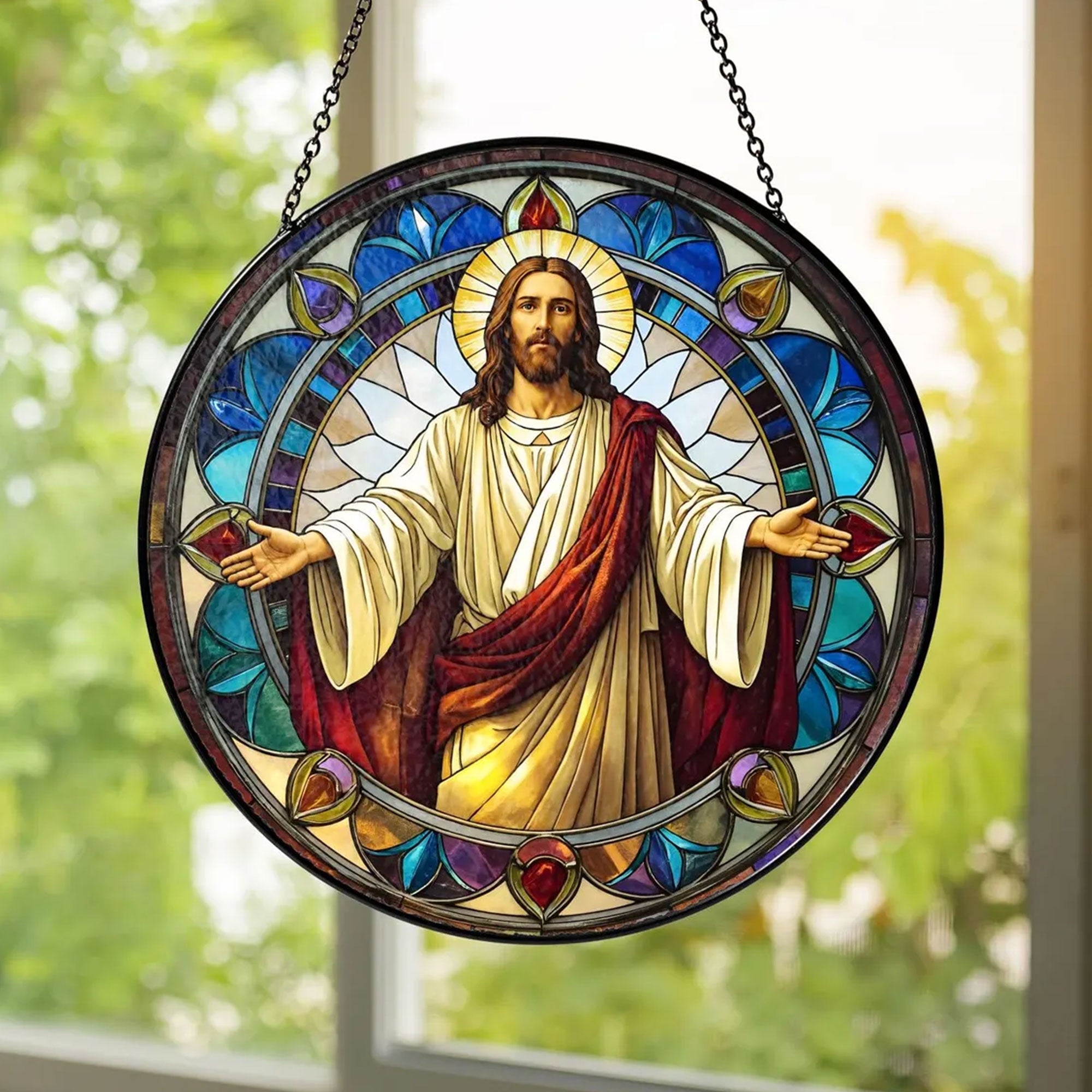 Jesus Christ Open Arms Suncatcher, Christian Window Hanging, Catholic Faith Home Decor