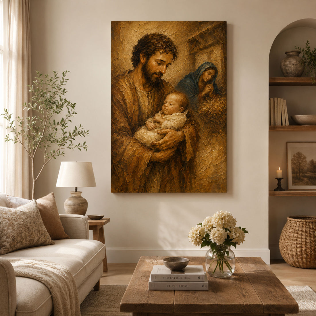 St. Joseph Holding Sleeping Baby Jesus Canvas Print, Holy Family Wall Art, Catholic Family Painting, Christian Home Decor