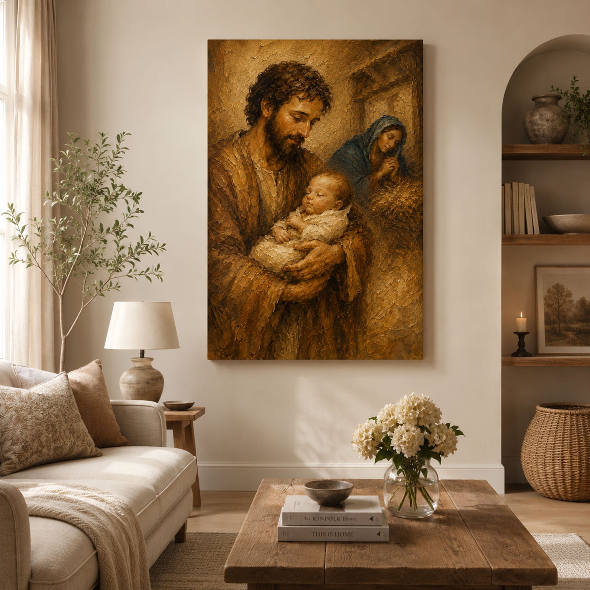 St. Joseph Holding Sleeping Baby Jesus Canvas Print, Holy Family Wall Art, Catholic Family Painting, Christian Home Decor