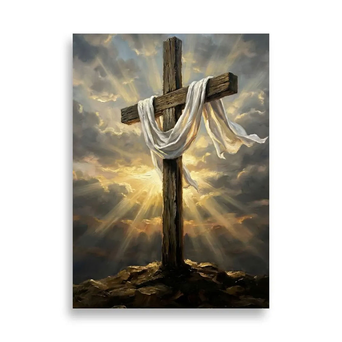 Empty Cross Canvas Print, Resurrection Easter Christian Wall Art, Wooden Cross with Shroud Decor, Symbol of New Life, Inspirational Faith Gift