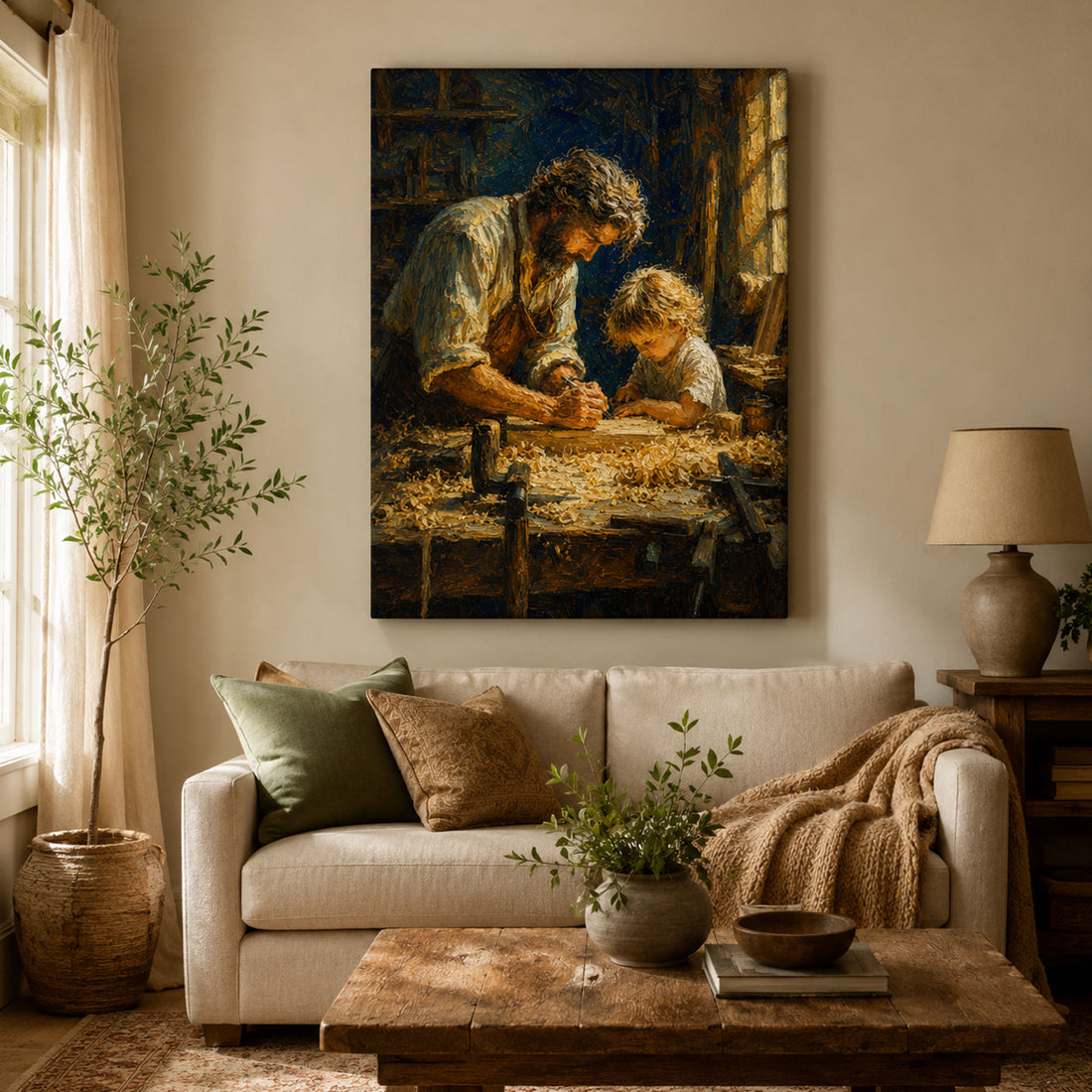 Saint Joseph Teaching Child Jesus Canvas Print, Catholic Wall Art, Rustic Faith Home Decor
