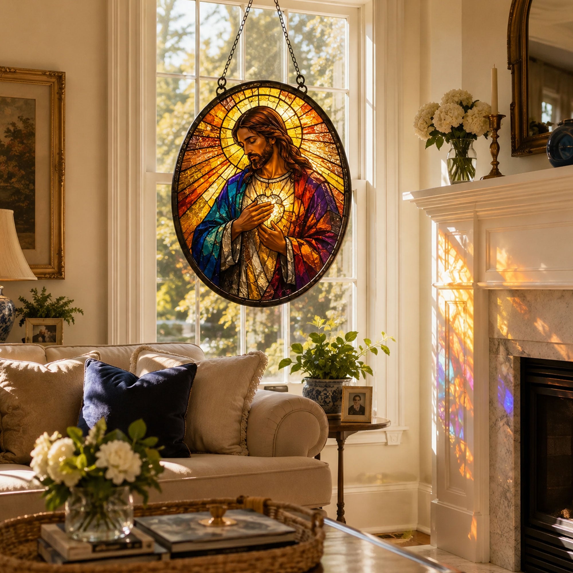 Jesus Holding the Holy Eucharist Suncatcher, Catholic Window Hanging, Blessed Sacrament Gift