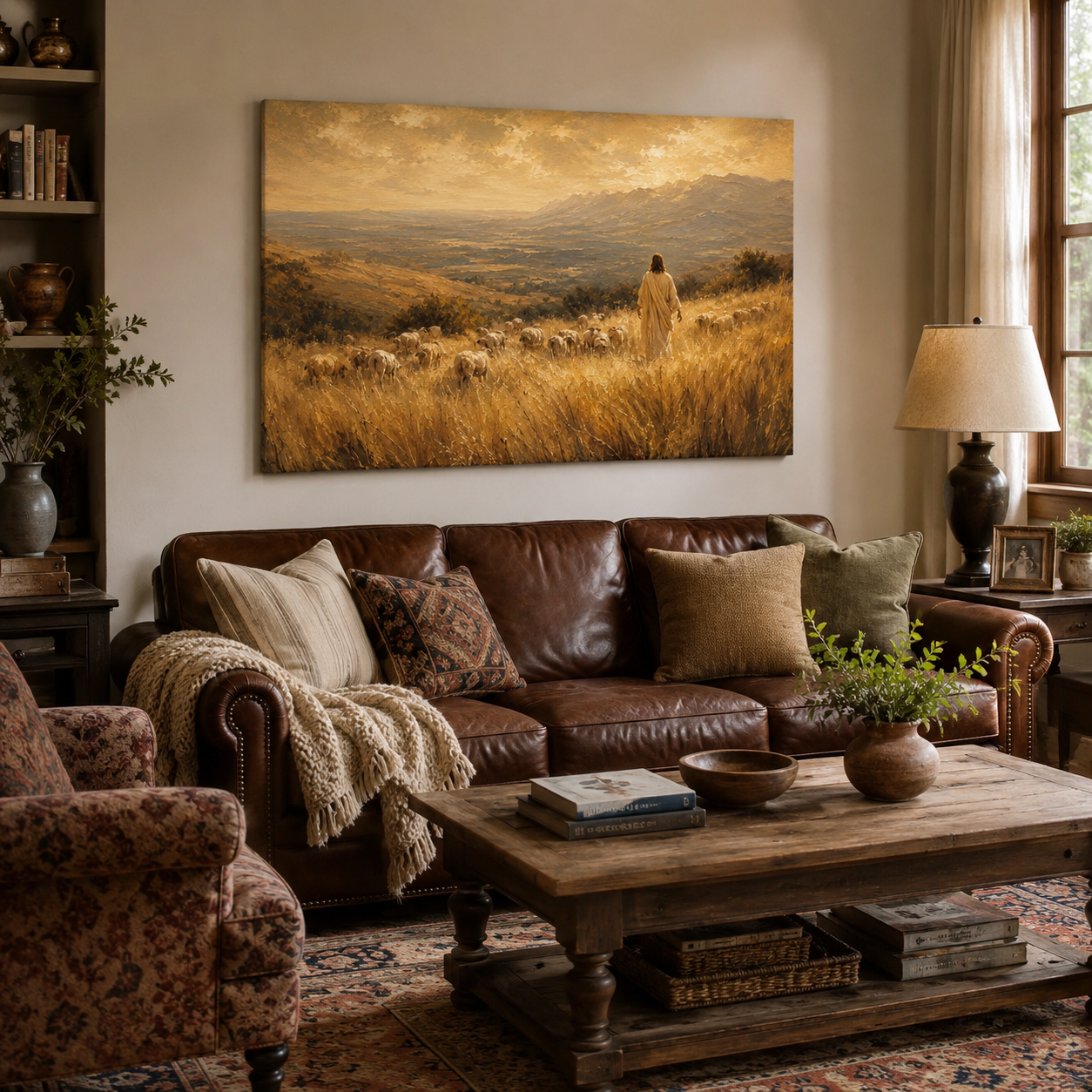 The Good Shepherd Vintage Canvas Print, Peaceful Jesus with Sheep Christian Wall Art