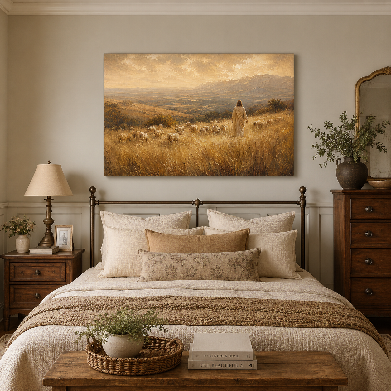 The Good Shepherd Vintage Canvas Print, Peaceful Jesus with Sheep Christian Wall Art