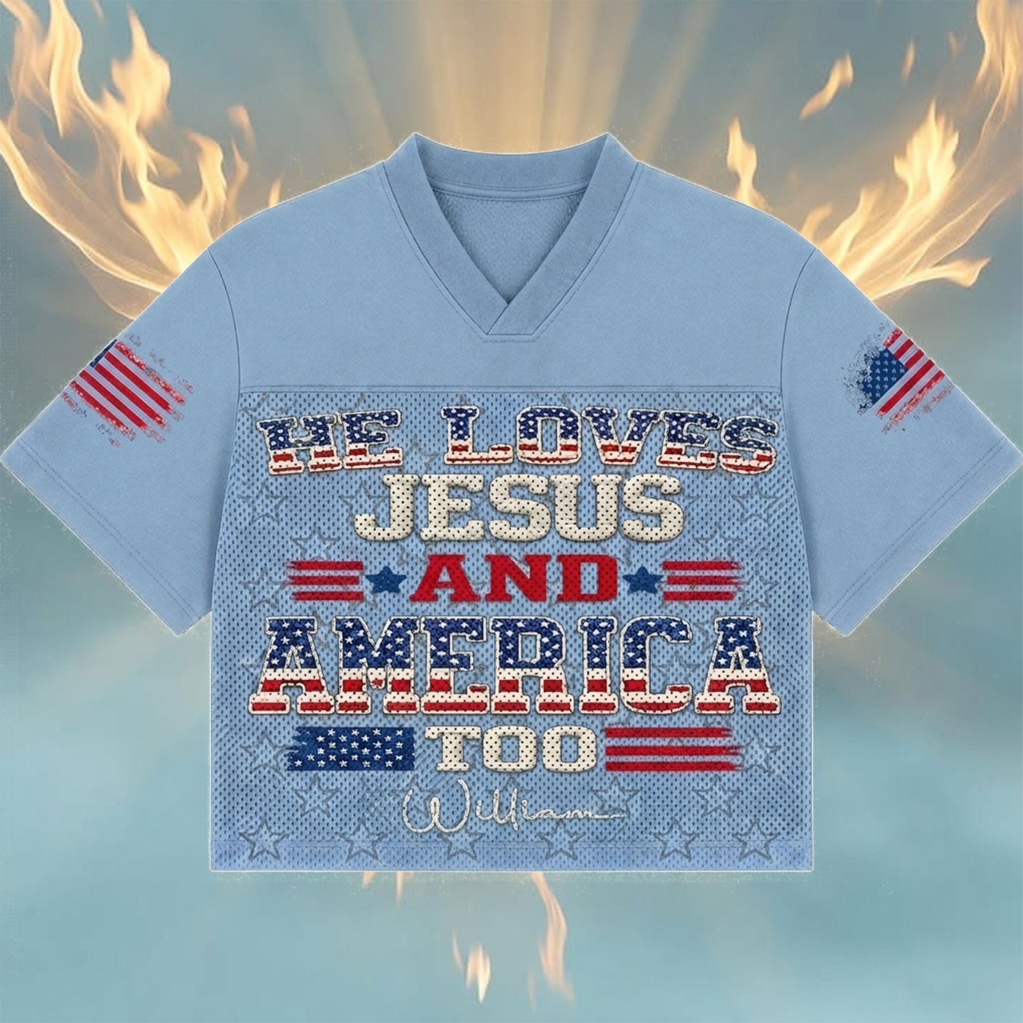 Personalized He Loves Jesus and America Too Mesh Jersey, Custom Name and Number Christian Apparel