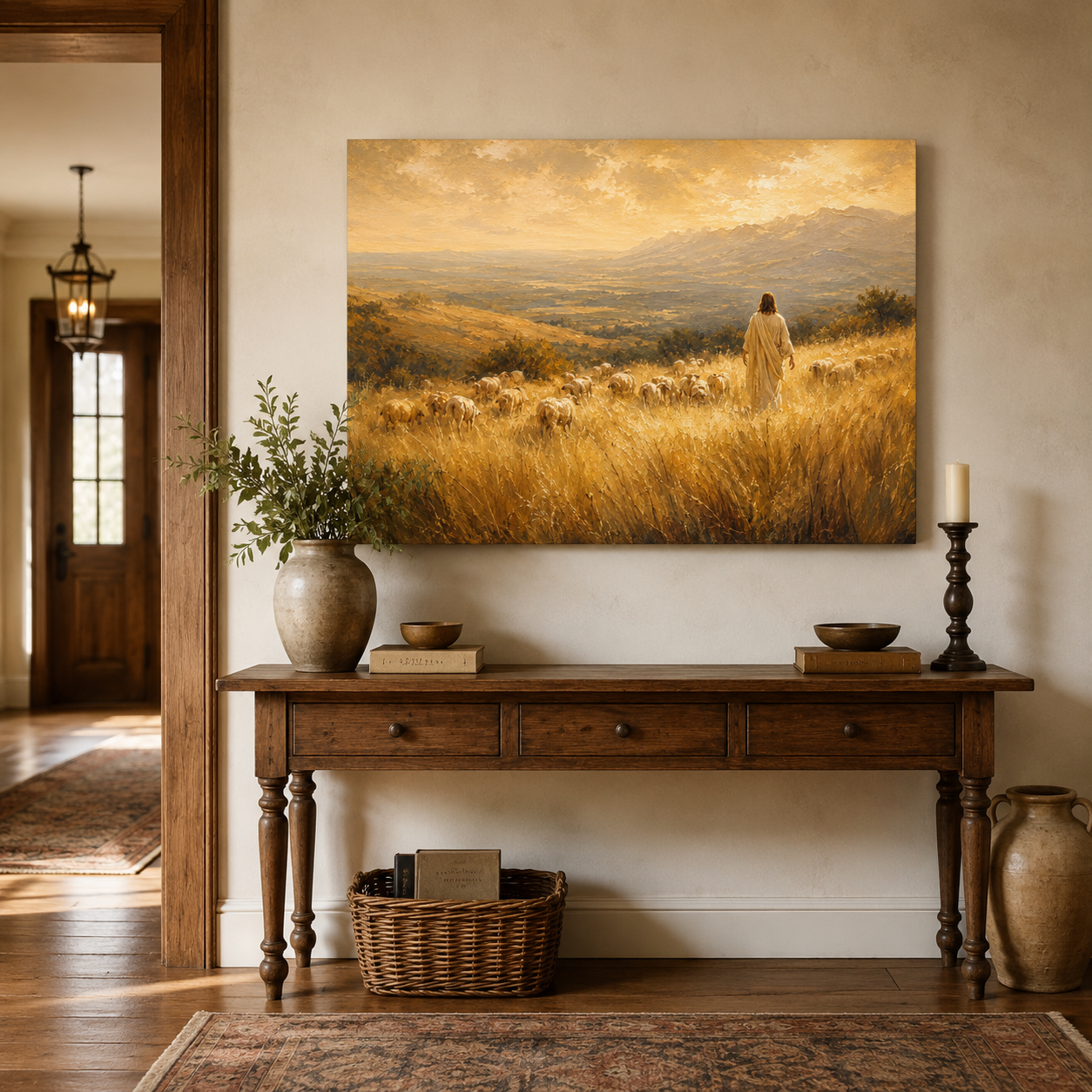 The Good Shepherd Vintage Canvas Print, Peaceful Jesus with Sheep Christian Wall Art