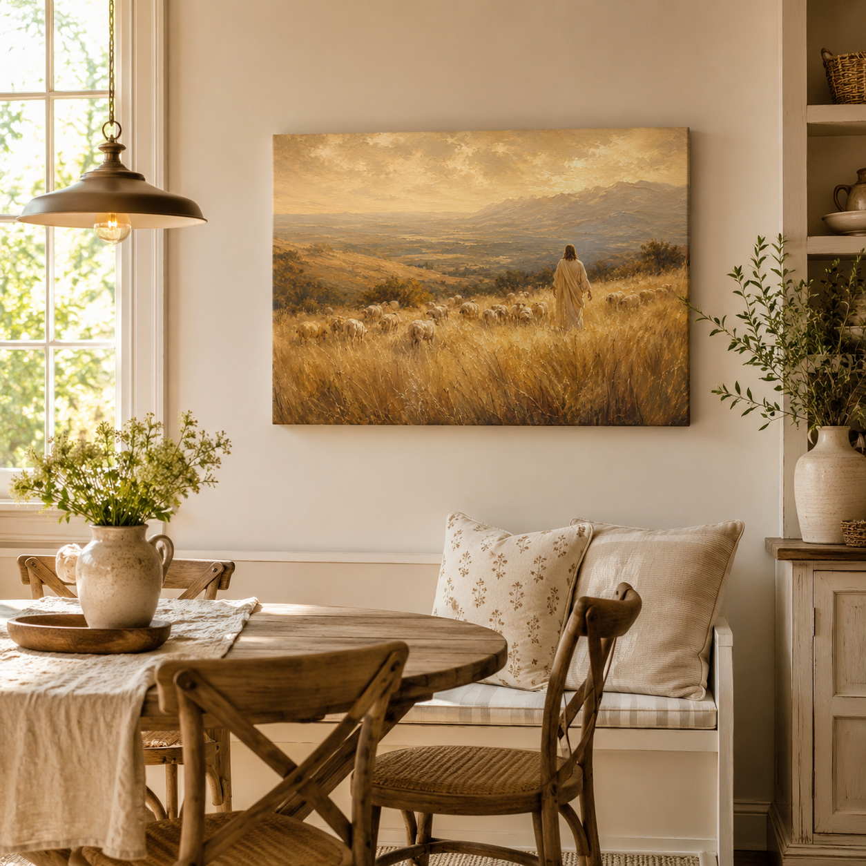 The Good Shepherd Vintage Canvas Print, Peaceful Jesus with Sheep Christian Wall Art