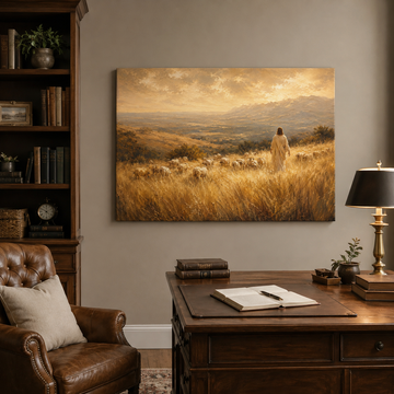 The Good Shepherd Vintage Canvas Print, Peaceful Jesus with Sheep Christian Wall Art