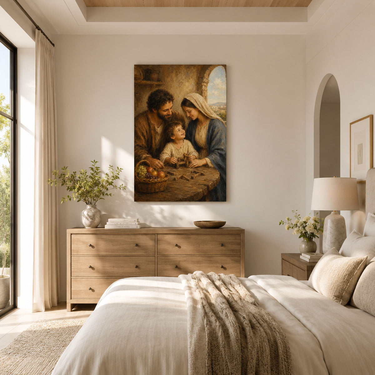 Holy Family at Nazareth Canvas Print, Saint Joseph Mary and Child Jesus Catholic Wall Decor, Faith Gift