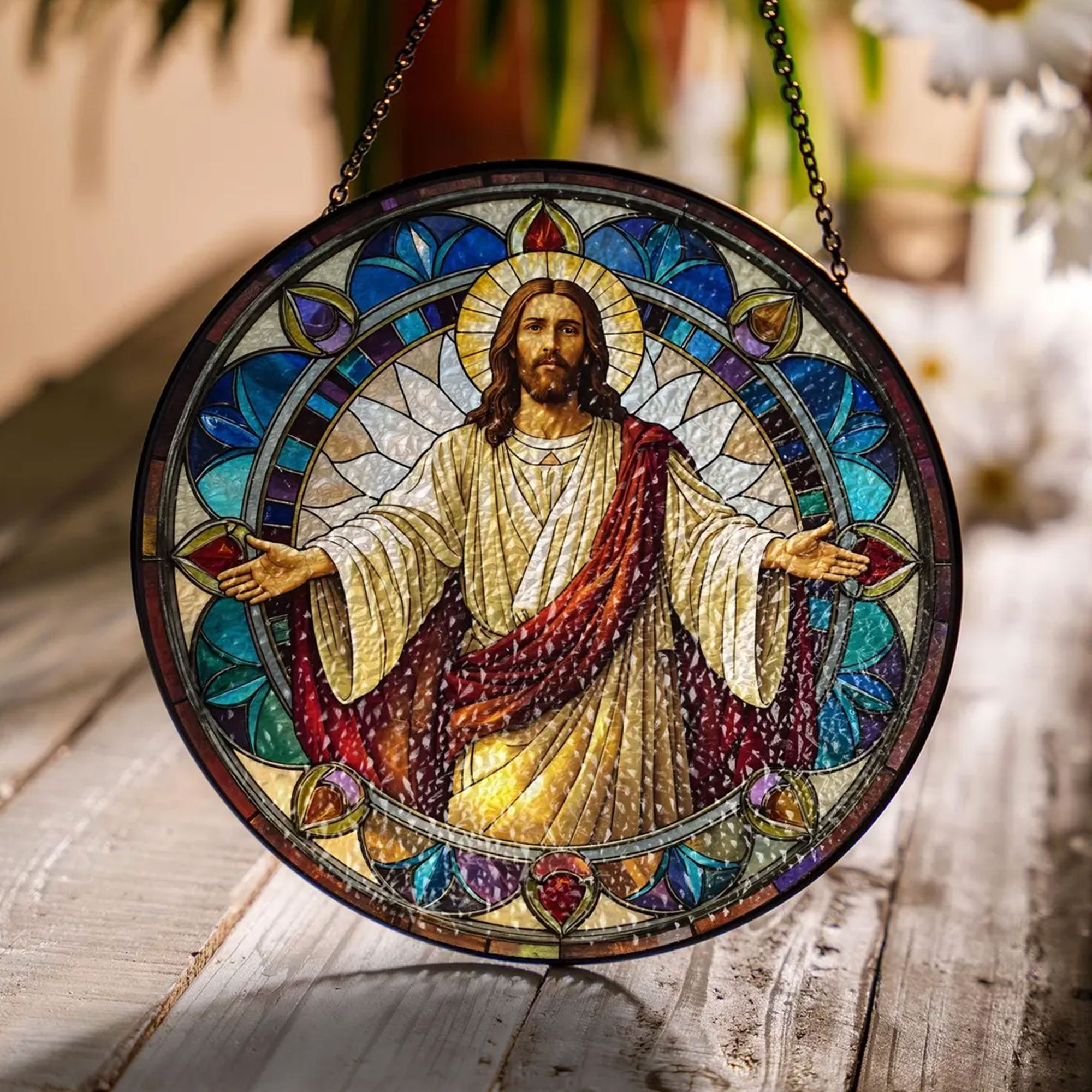 Jesus Christ Open Arms Suncatcher, Christian Window Hanging, Catholic Faith Home Decor