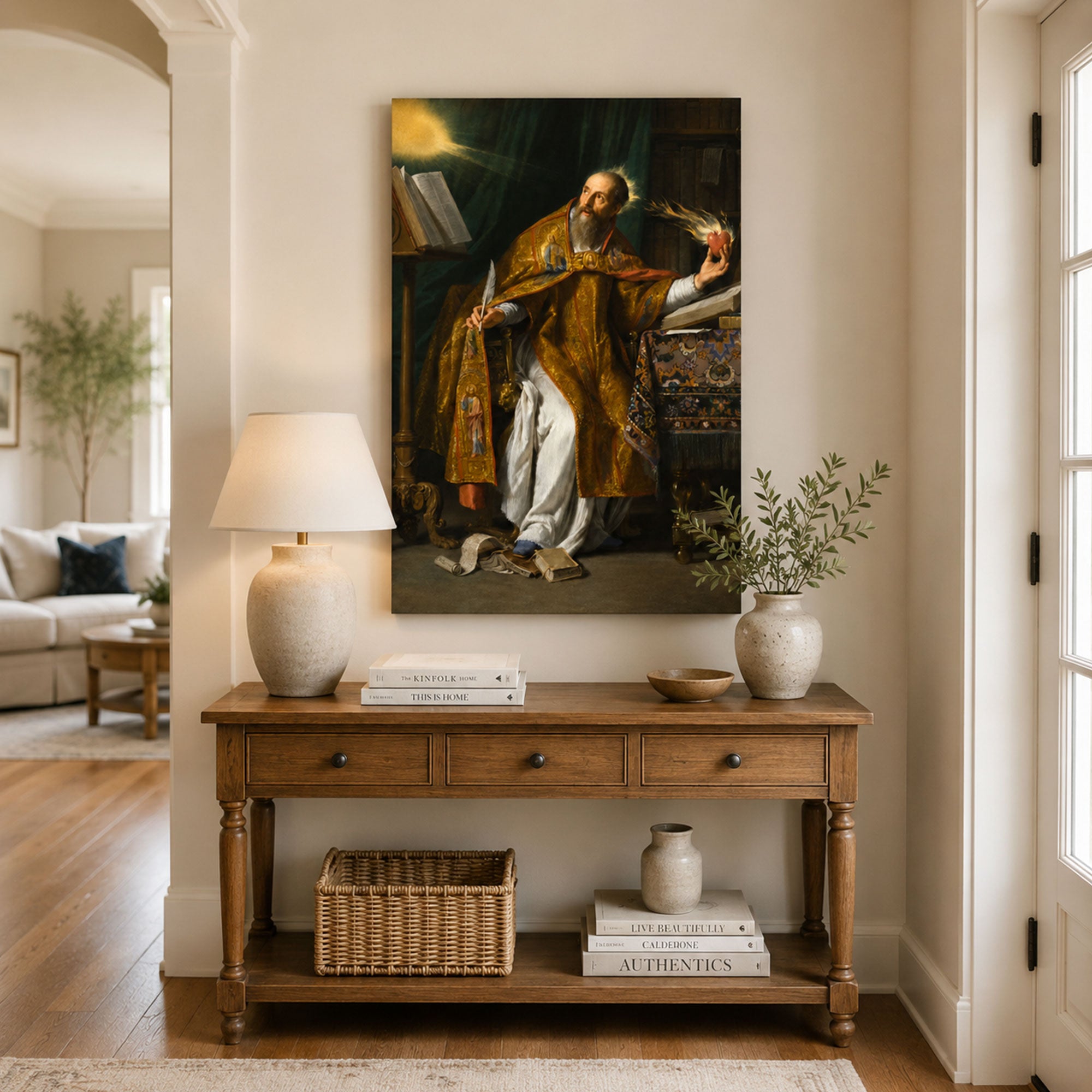 Saint Augustine with Flaming Heart Canvas Print, Catholic Home Decor