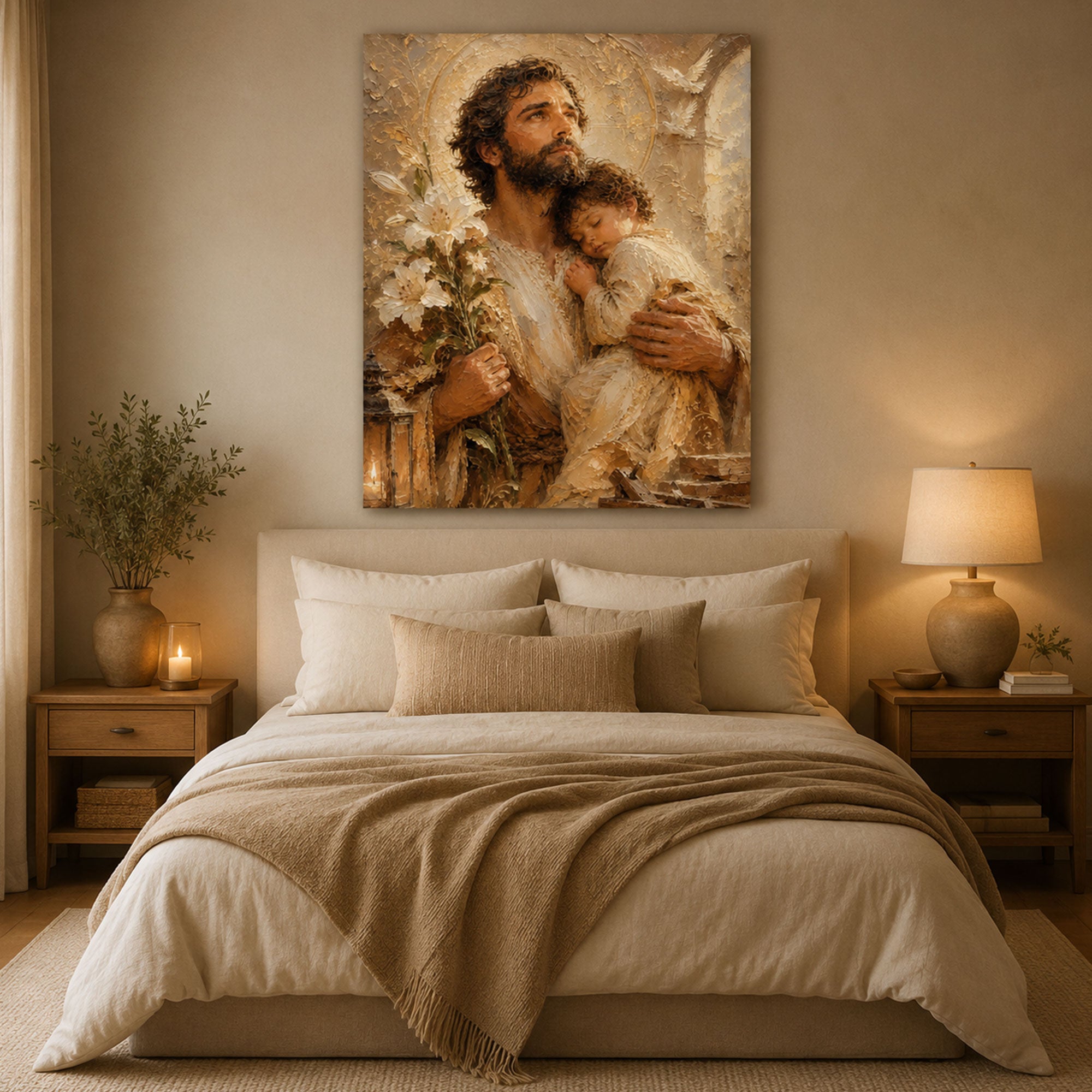 Saint Joseph and Child Jesus Canvas Print, Catholic Wall Art, Christian Home Decor