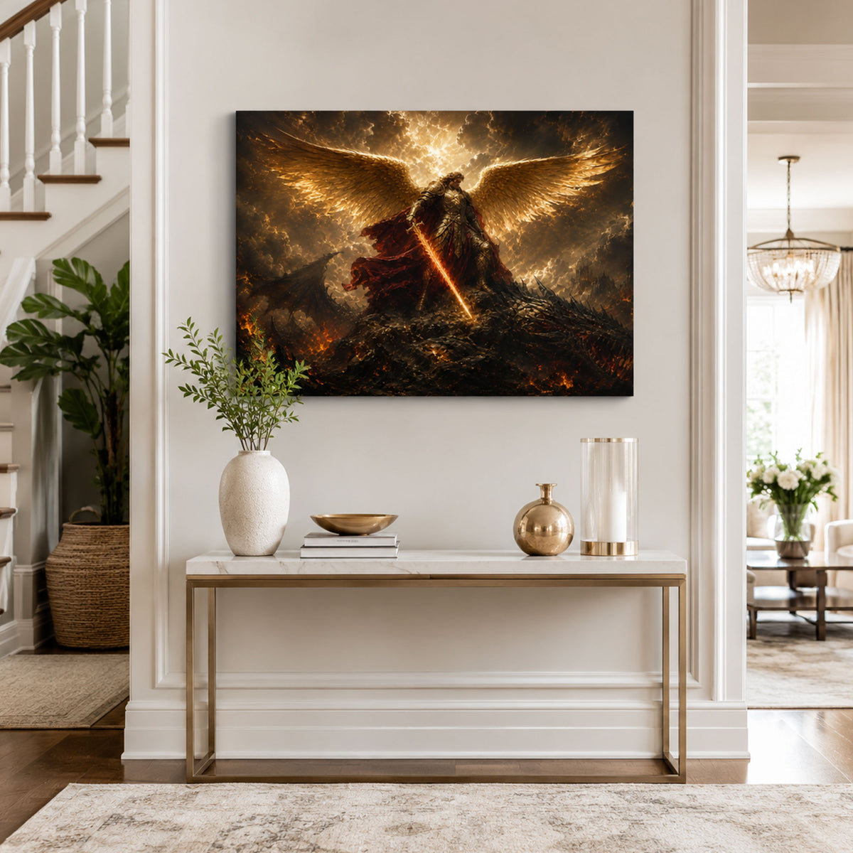 Saint Michael Defeating the Dragon Canvas Print, Revelation 12 Christian Wall Decor, Protection Gift