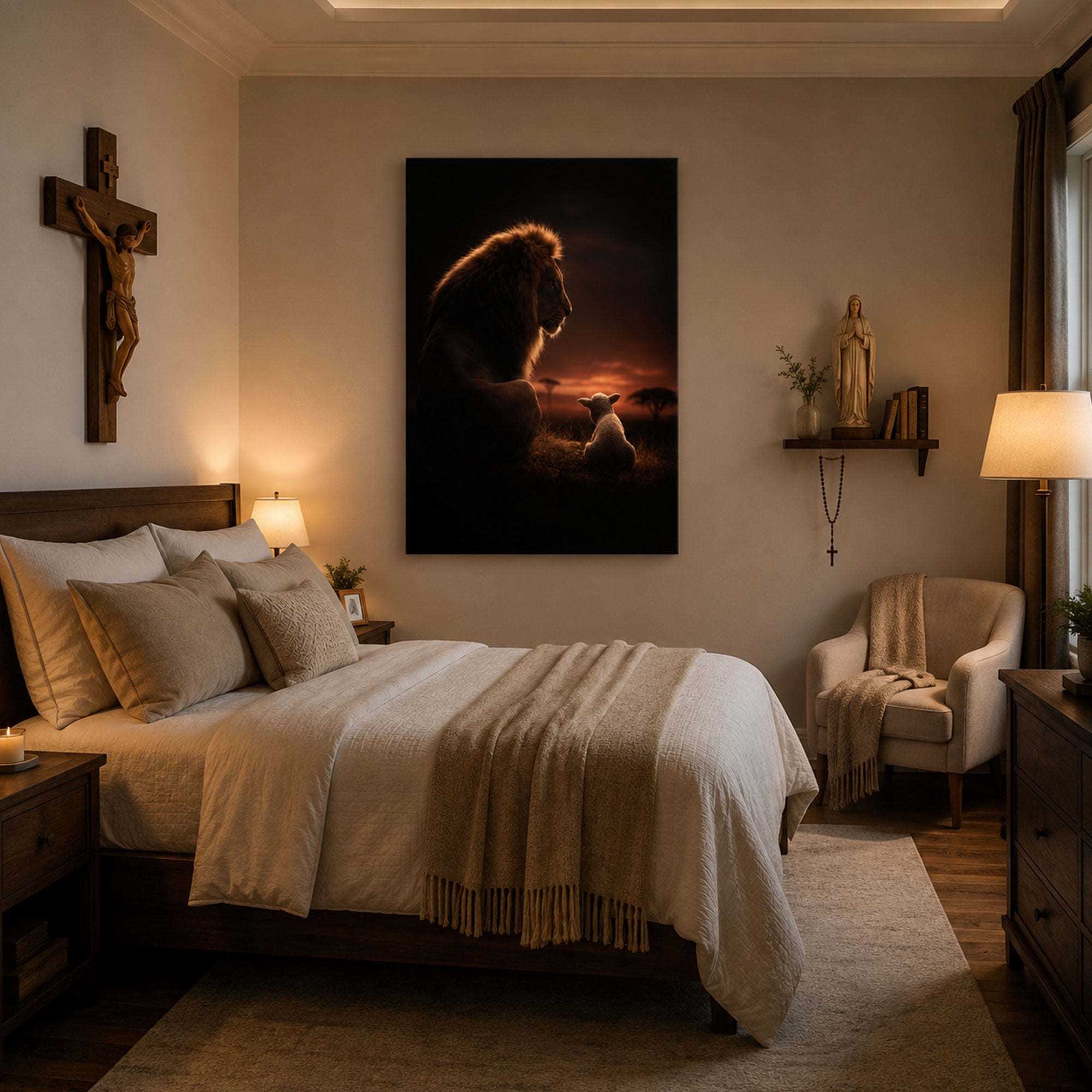 Lion and Lamb at Sunset Canvas Print, Christian Peace and Faith Home Decor