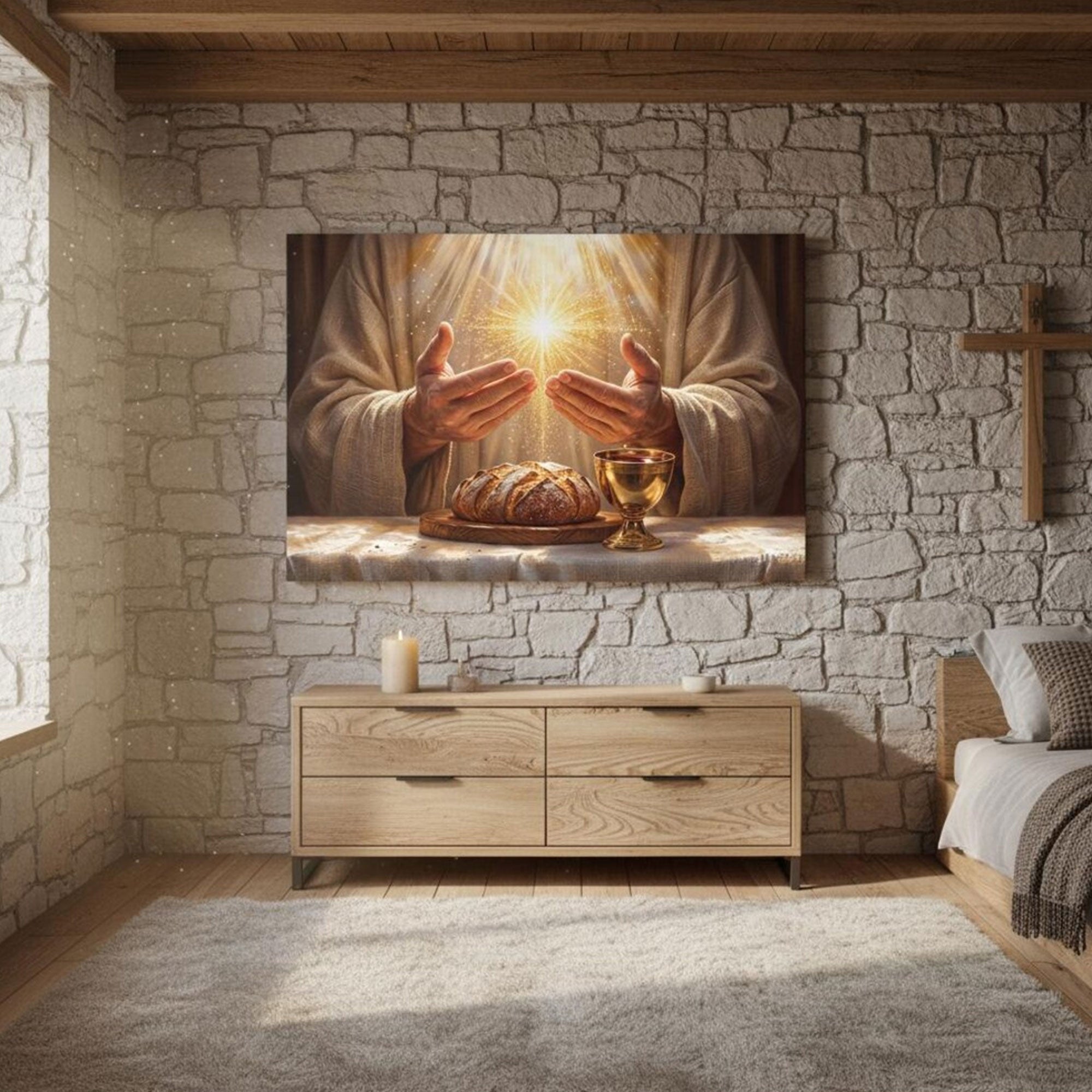 Golden Light Eucharist Canvas Art, Abstract Christian Wall Decor, Catholic Religious Painting, Spiritual Home Decor, Inspirational Faith Gift