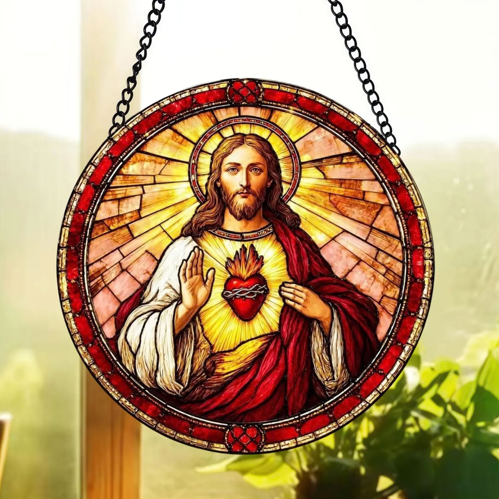 Sacred Heart of Jesus Suncatcher, Catholic Window Hanging, Christian Religious Gift