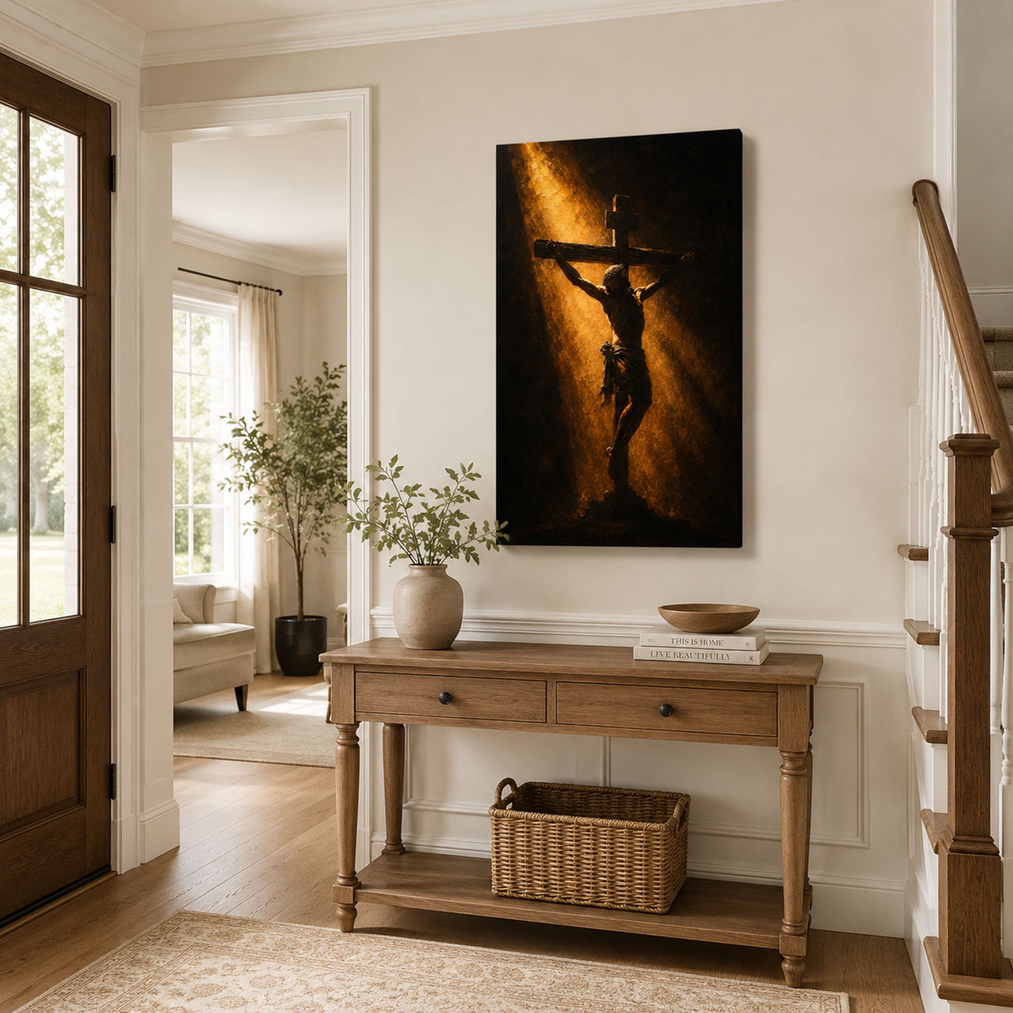 Crucifixion of Jesus in Golden Light Canvas Print, Christian Home Decor