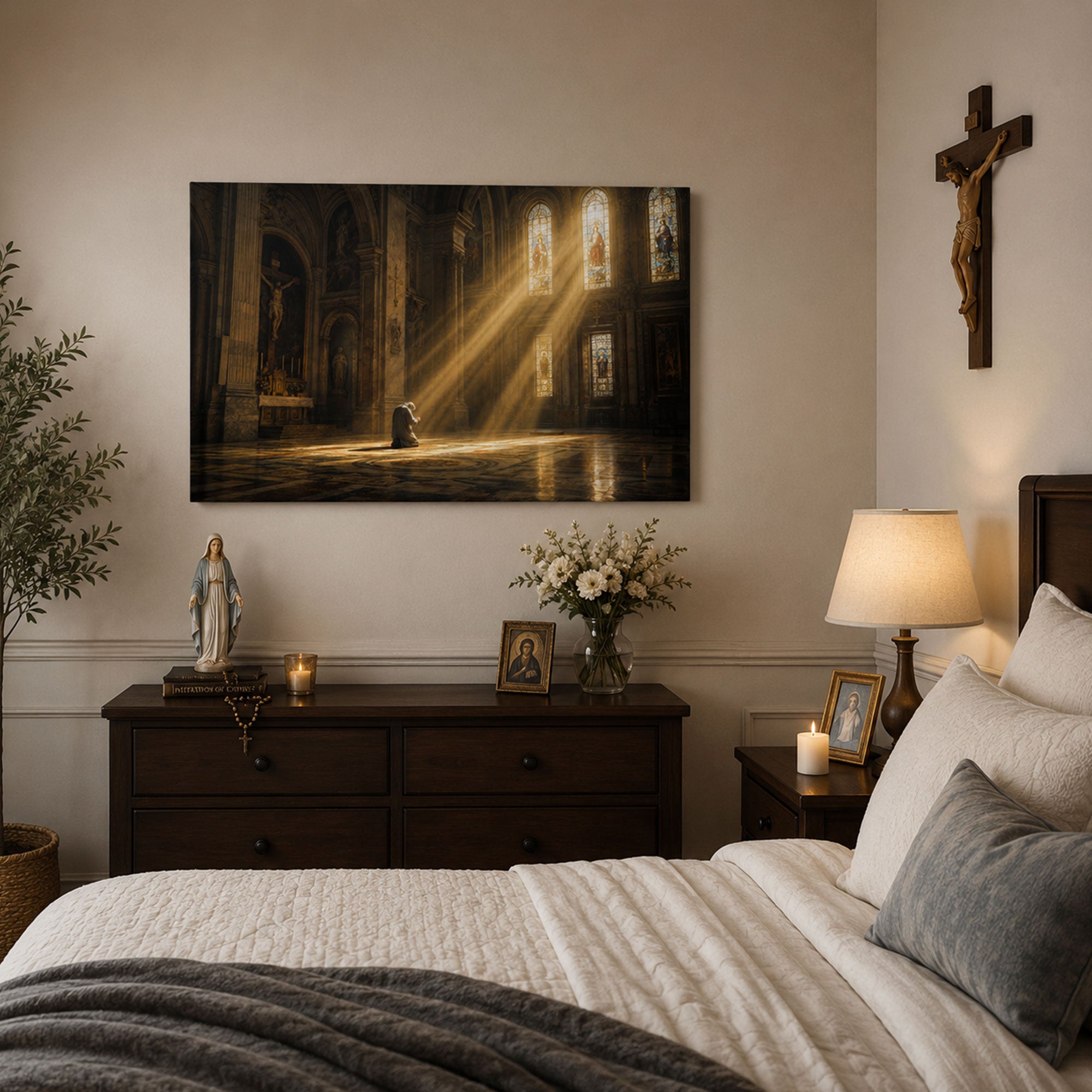 Kneeling in God’s Presence Canvas Print, Catholic Prayer Christian Home Decor