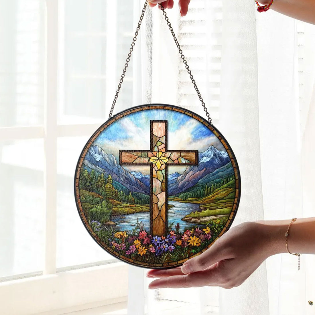 Stained Glass Cross Suncatcher with Wildflowers and Sunset, Christian Window Hanging, Mountain River Decor, Faith Gift
