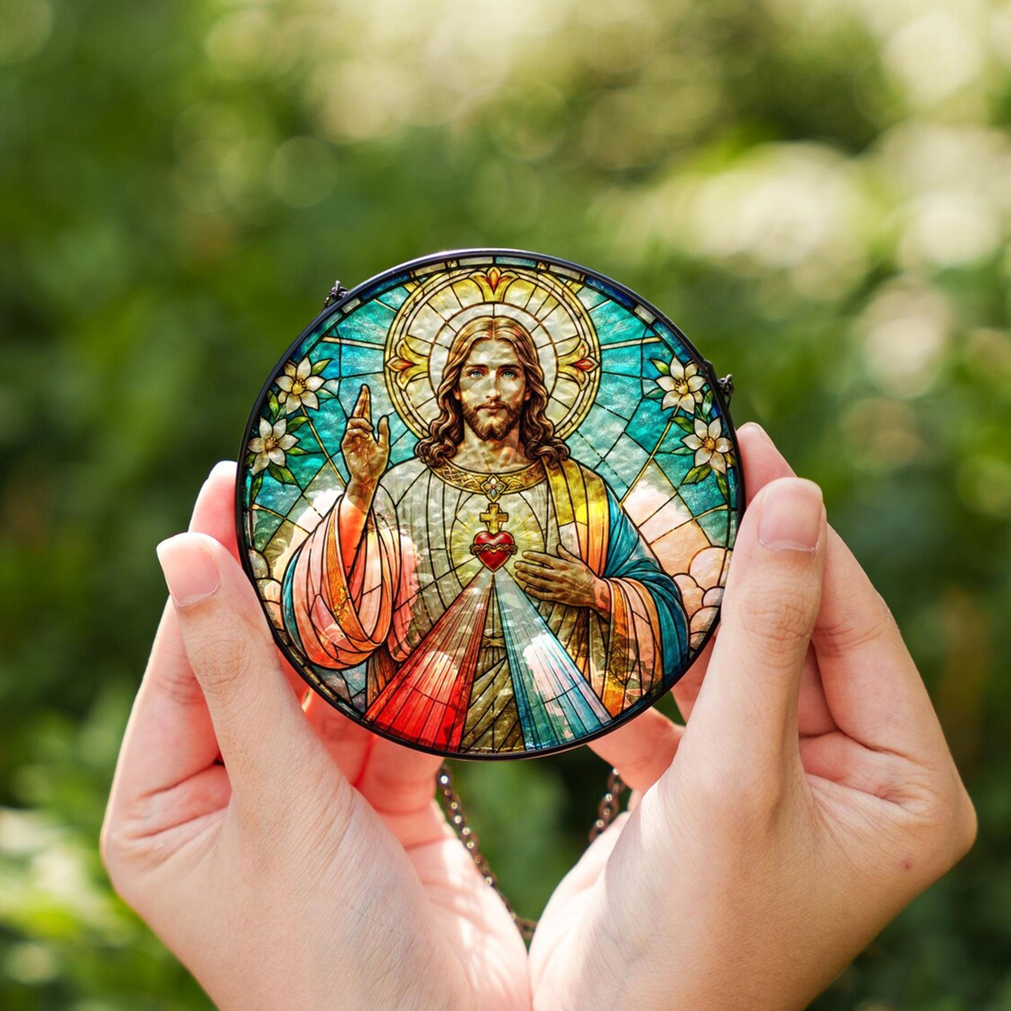 Divine Mercy Jesus Suncatcher, Sacred Heart Catholic Window Hanging, Christian Religious Gift