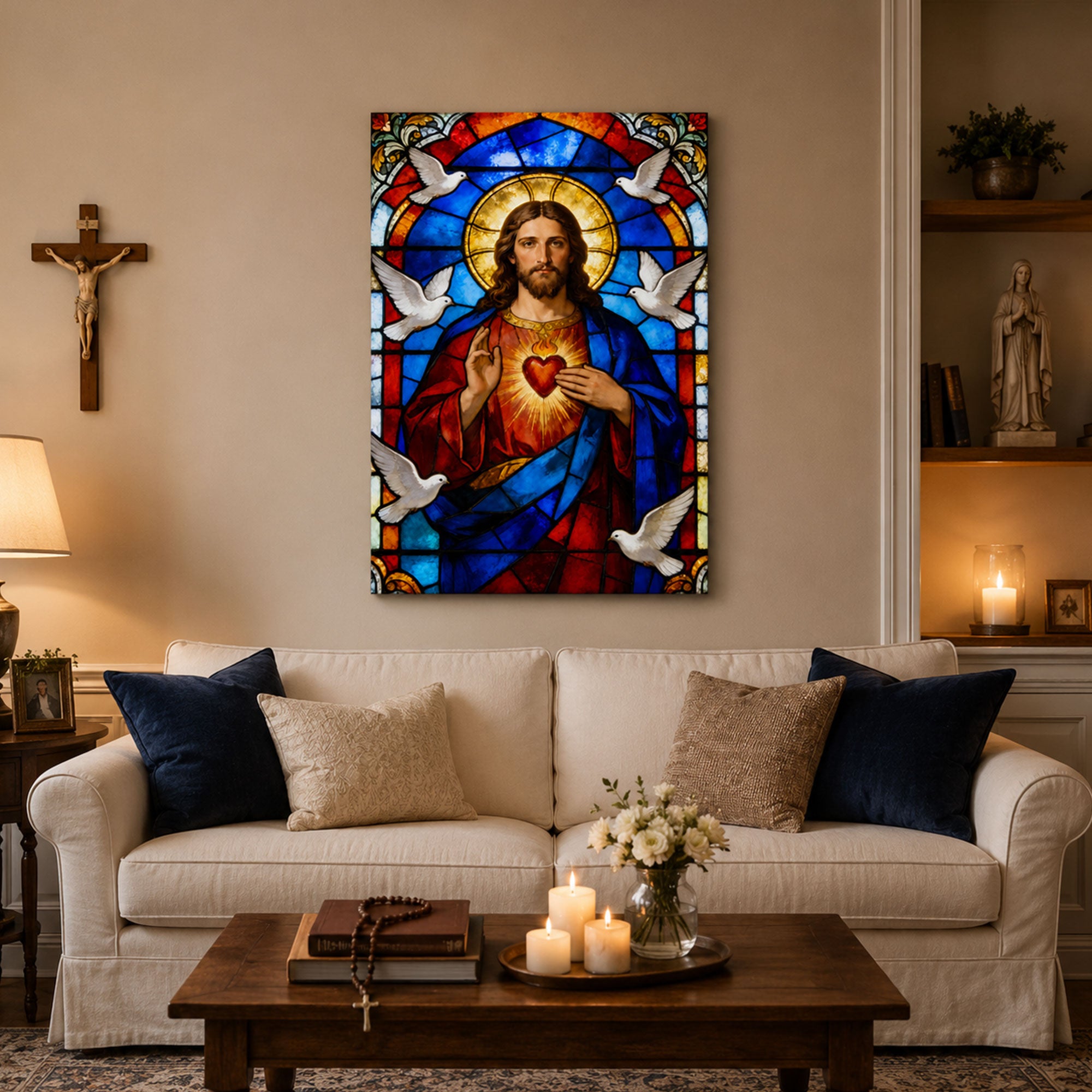 Sacred Heart of Jesus Stained Glass Canvas Print, Catholic Christian Home Decor