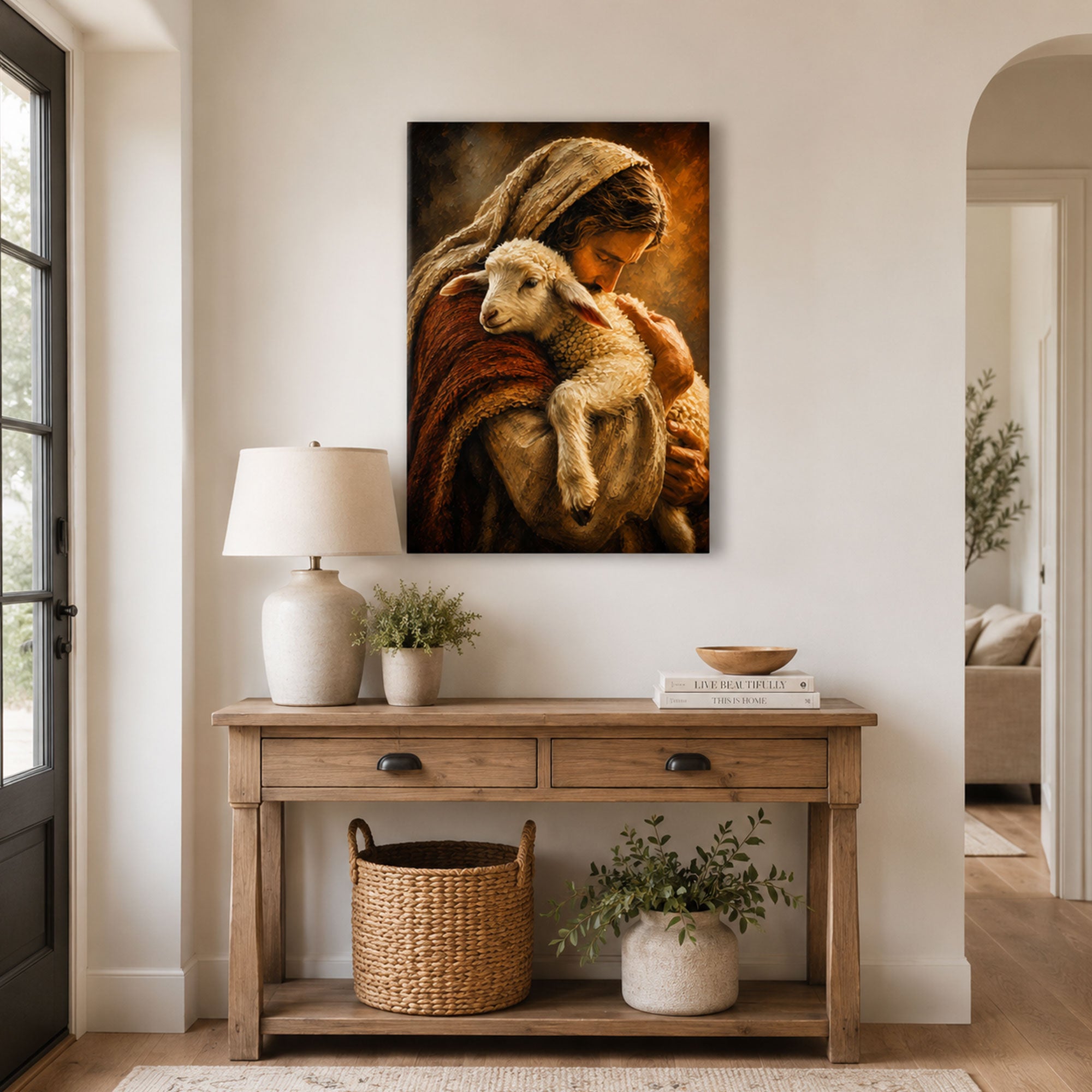Good Shepherd Embracing the Rescued Lamb Canvas Print, Christian Home Decor