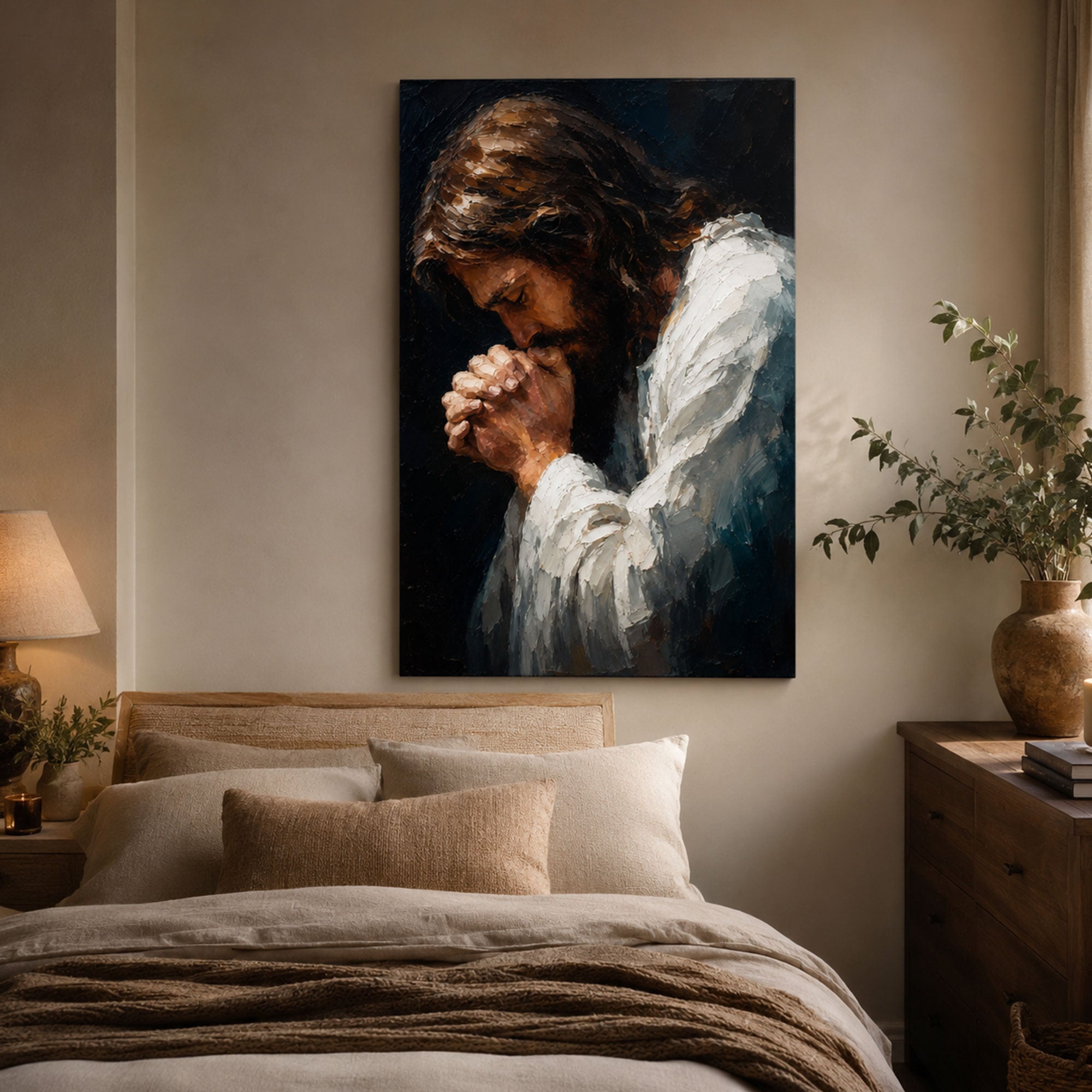Jesus Praying Canvas Print, Christian Prayer Wall Art, Faith Home Decor