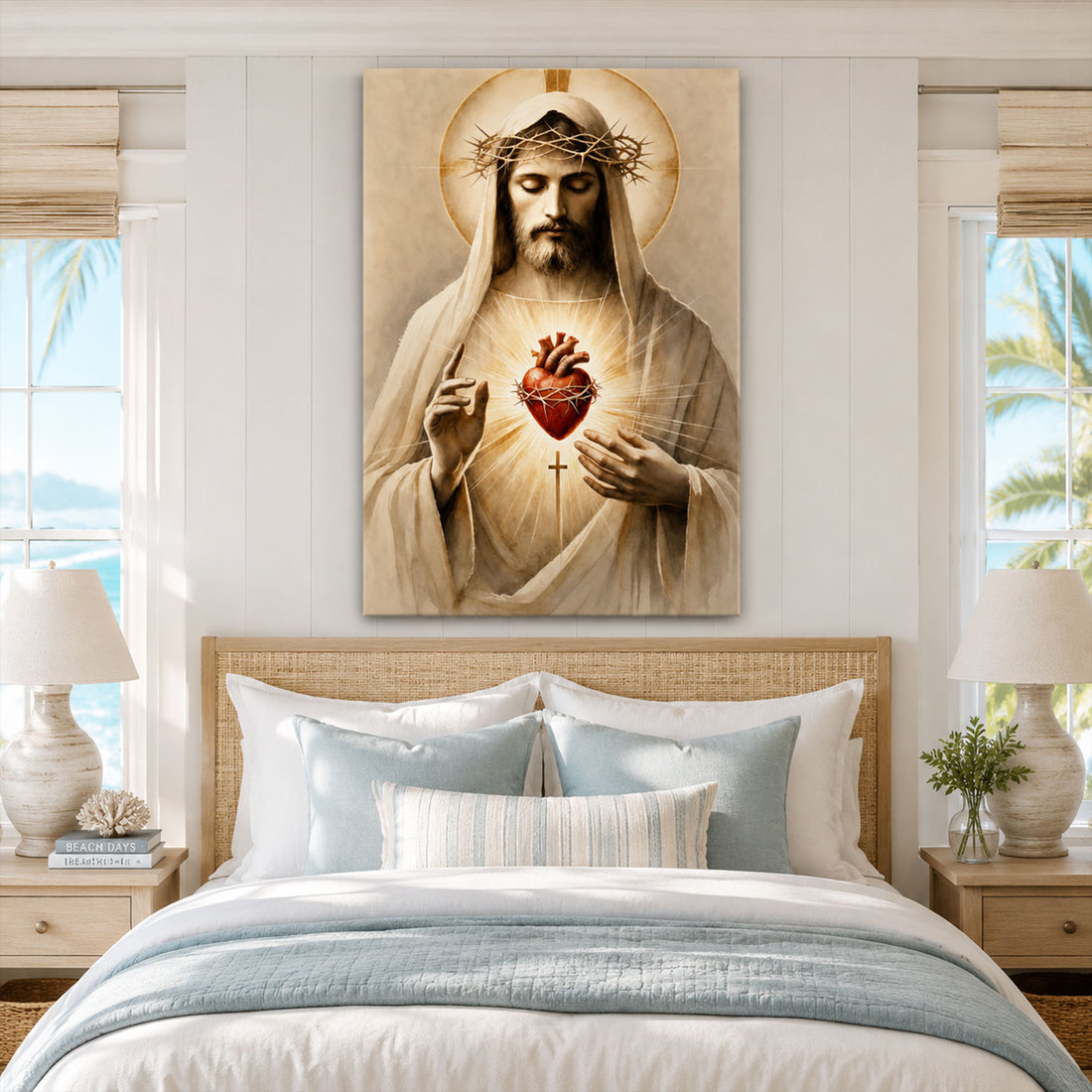 Sacred Heart of Christ Watercolor Canvas Print, Minimalist Christian Wall Art, Inspirational Faith Home Decor
