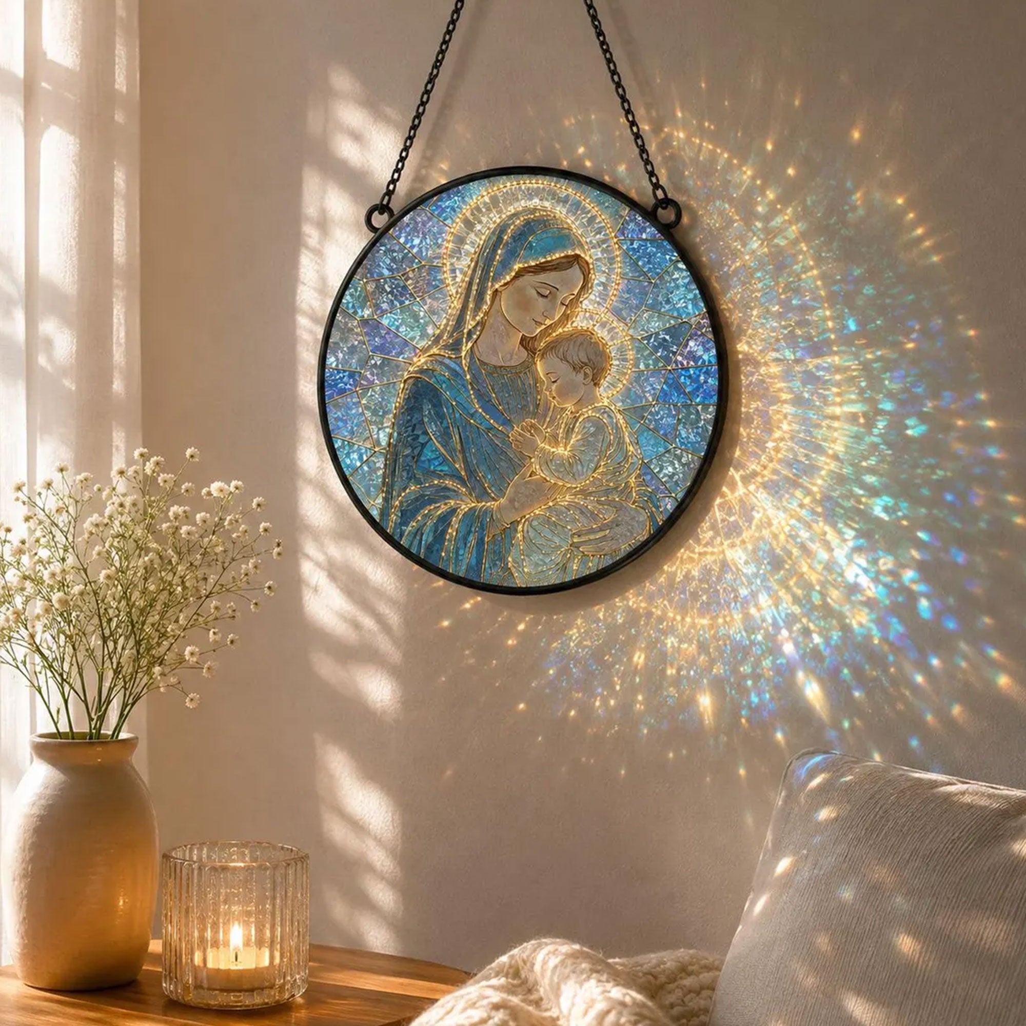 Virgin Mary and Baby Jesus Suncatcher, Holy Mother and Child Catholic Window Hanging, Christian Gift