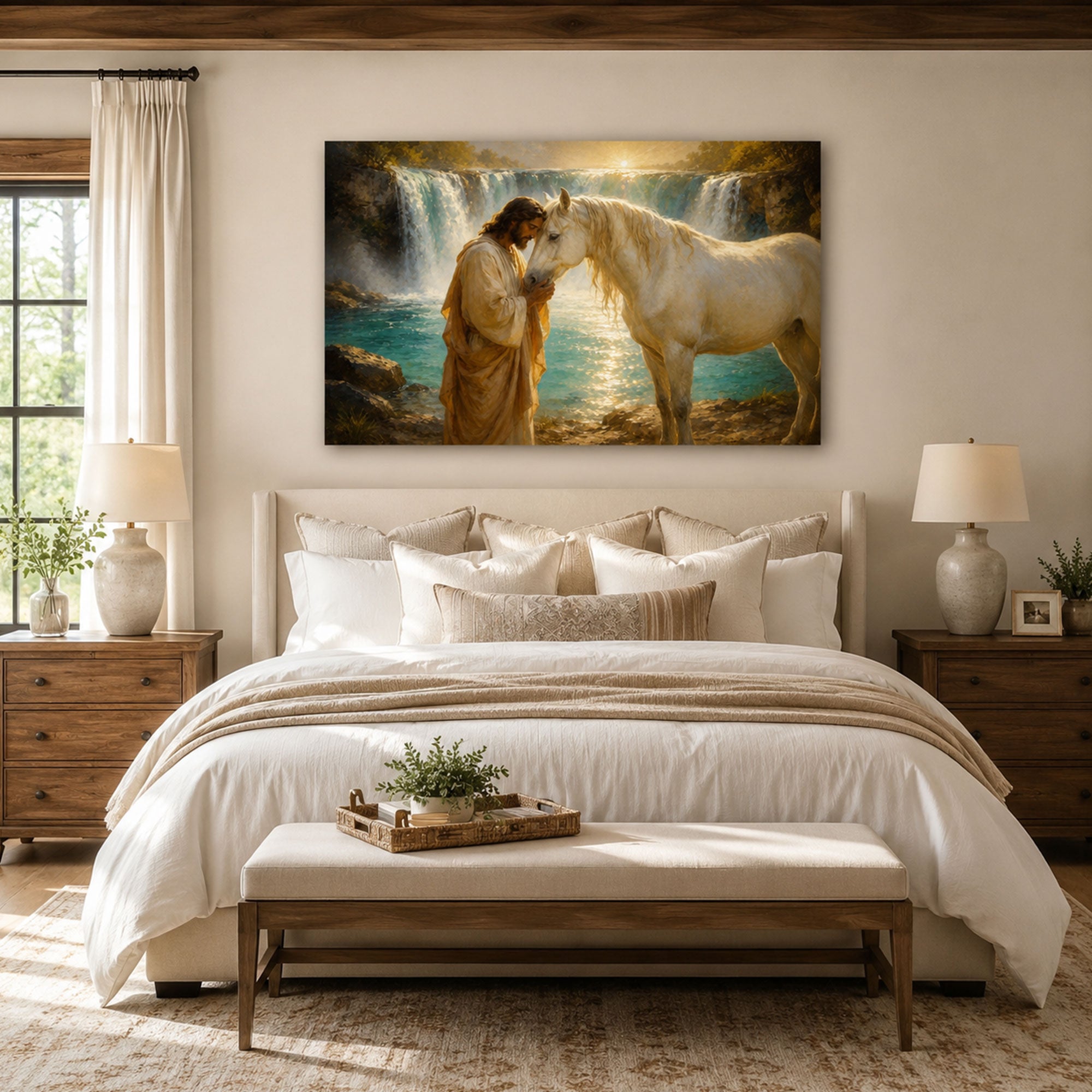 Jesus with White Horse by Waterfall Canvas Print, Christian Home Decor