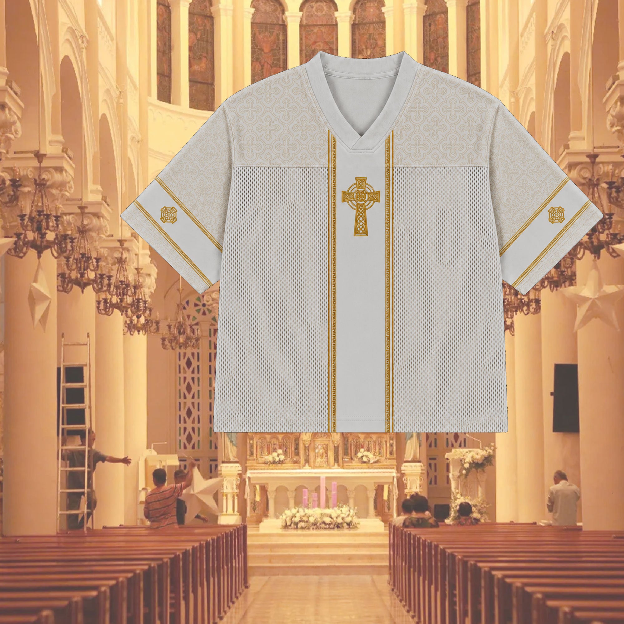 White Gold Celtic Cross Mesh Jersey, Catholic Christian Apparel