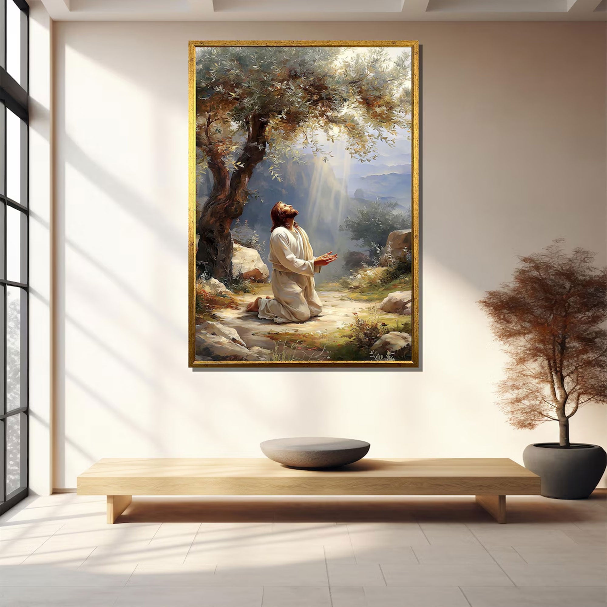 Jesus Praying Under Olive Tree Canvas Wall Art, Christian Prayer Decor, Peaceful Faith Home Gift