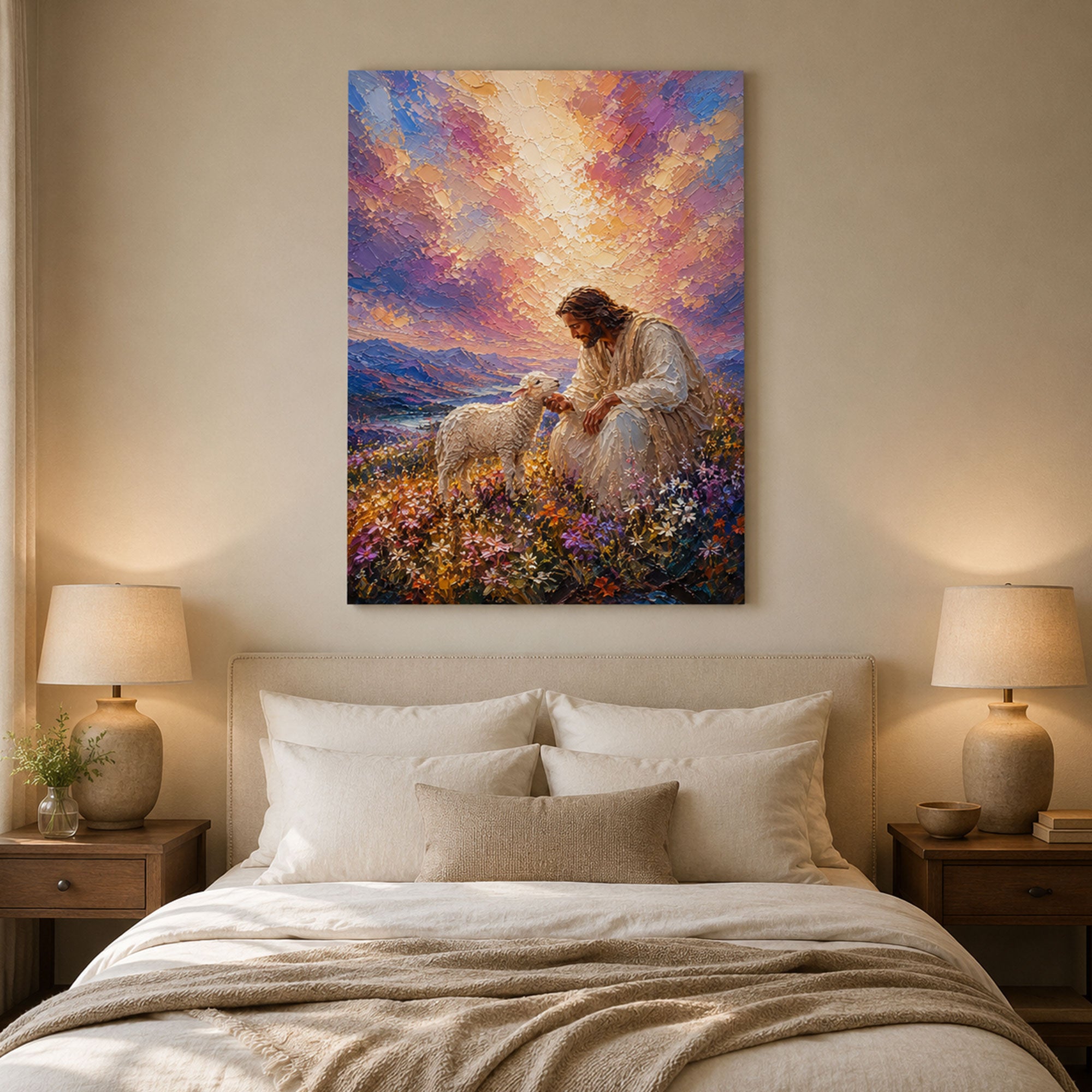 Good Shepherd Jesus Canvas Print, Jesus with Lamb Wall Art, Christian Faith Painting, Peaceful Religious Home Decor