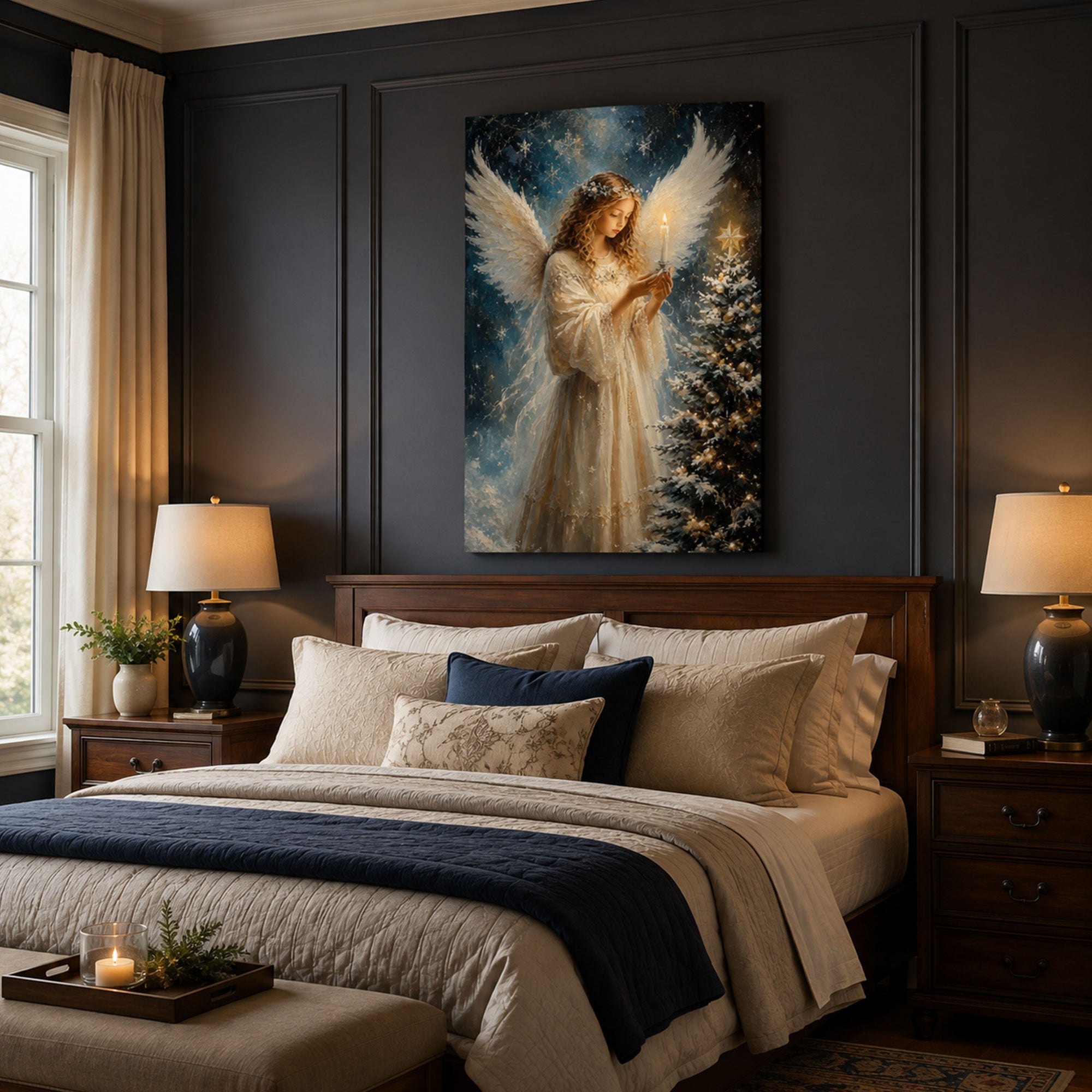 Christmas Angel Candlelight Canvas Print, Heavenly Winter Wall Art, Christian Home Decor