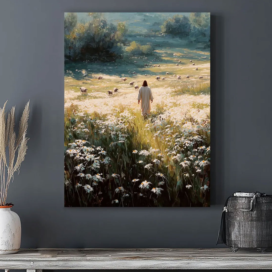 Good Shepherd Jesus Canvas Print, Jesus in Daisy Meadow Painting, Christian Faith Wall Art, Peaceful Religious Home Decor