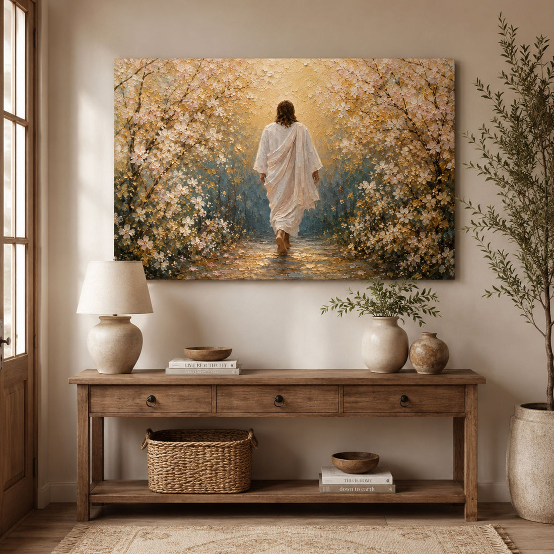 Jesus Leading the Way Canvas Print, Walk With Jesus Christian Wall Art, Floral Faith Journey Painting, Inspirational Religious Home Decor