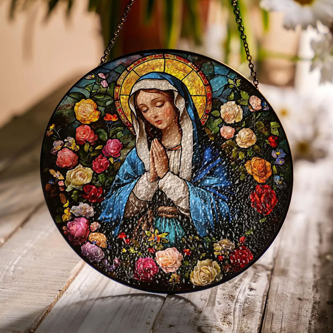 Virgin Mary Stained Glass Suncatcher, Holy Mother Catholic Window Hanging, Christian Decor Gift