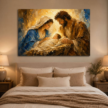 Holy Family Nativity Canvas Print, Baby Jesus in Manger Wall Art, Christmas Christian Painting, Catholic Religious Home Decor