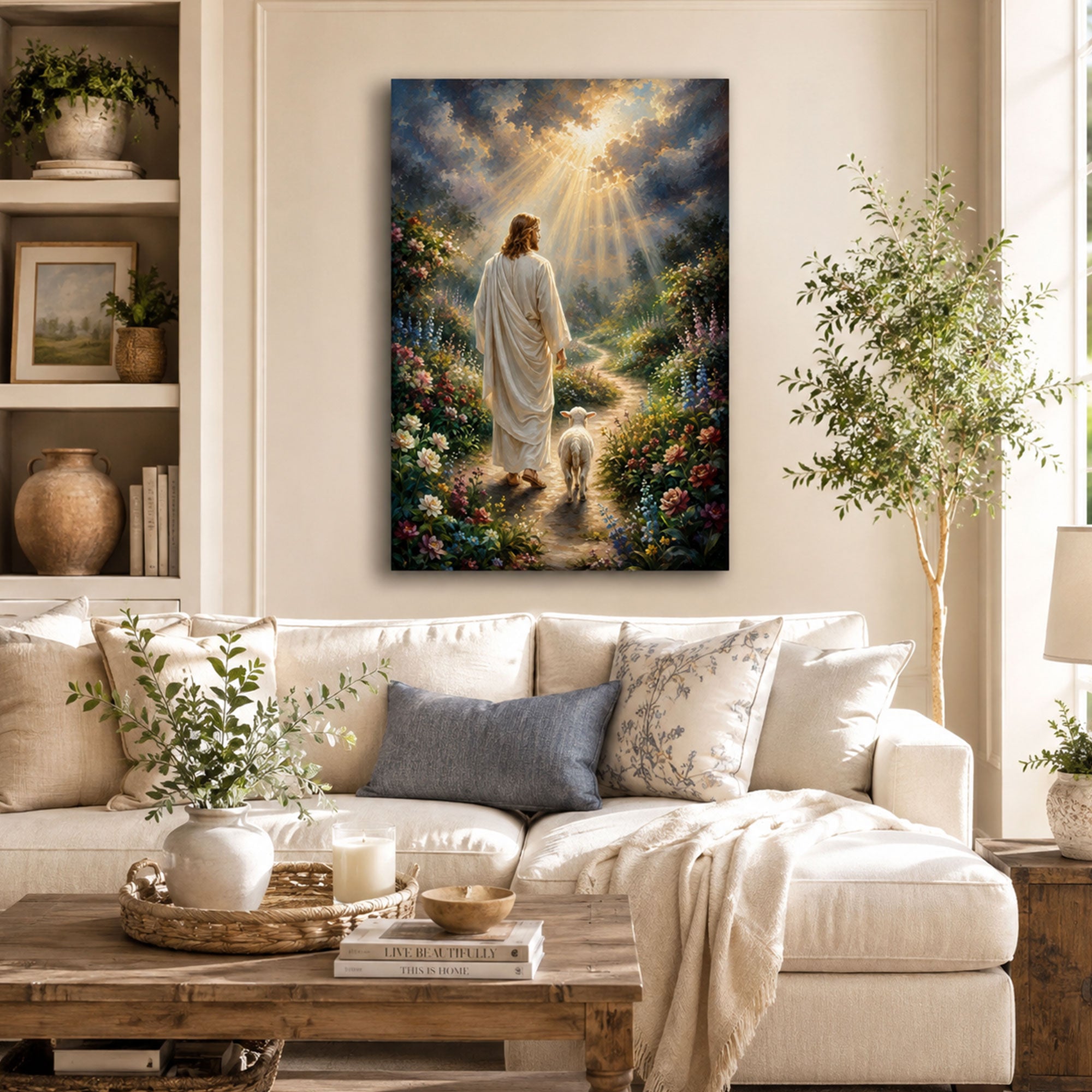 Jesus Leading a Lamb Toward Heaven Canvas Print, Christian Home Decor