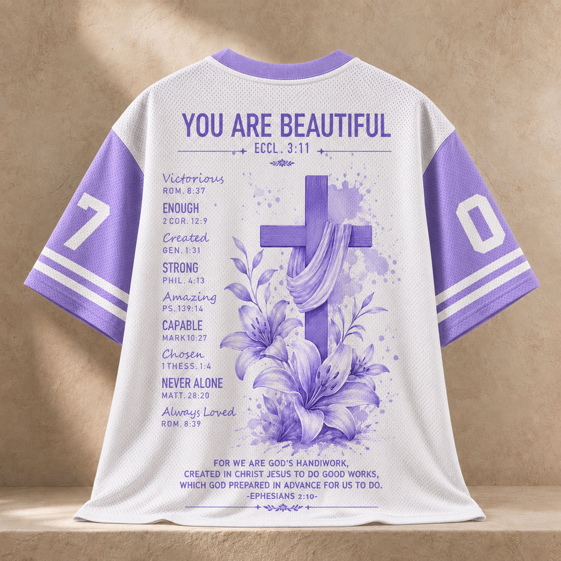 Created with a Purpose Christian Mesh Jersey, Ephesians 2:10 Purple Floral Cross Bible Verse Shirt
