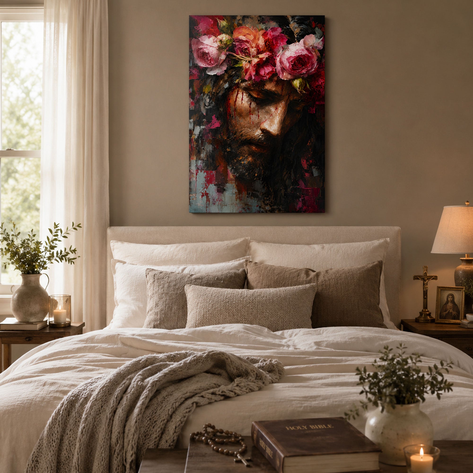 Jesus with Floral Crown Canvas Print, Sacred Heart Christian Wall Art