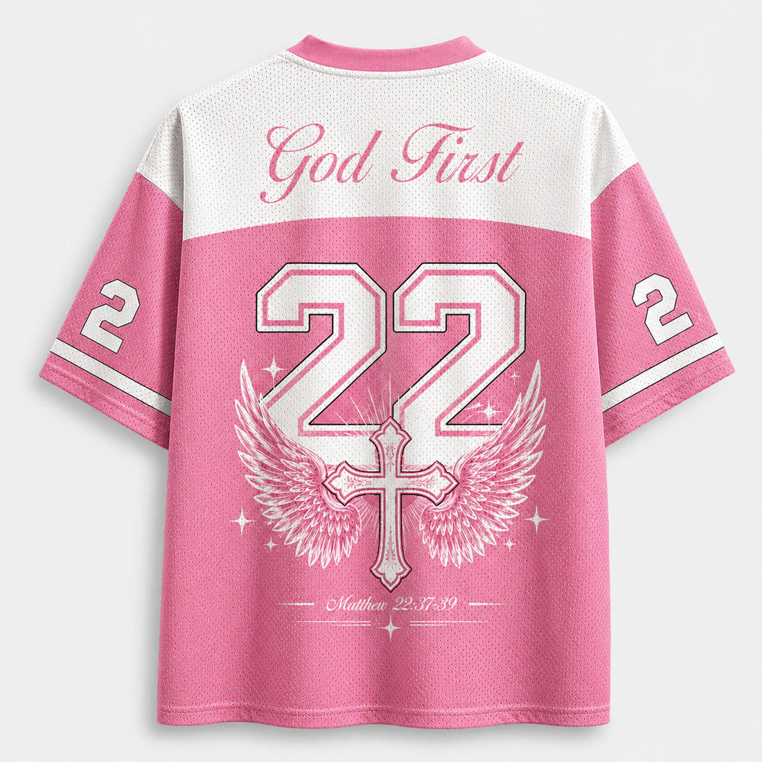 Love the Lord Christian Mesh Jersey, God First Cross Wings Shirt, Matthew 22:37–39 Bible Verse Faith Apparel