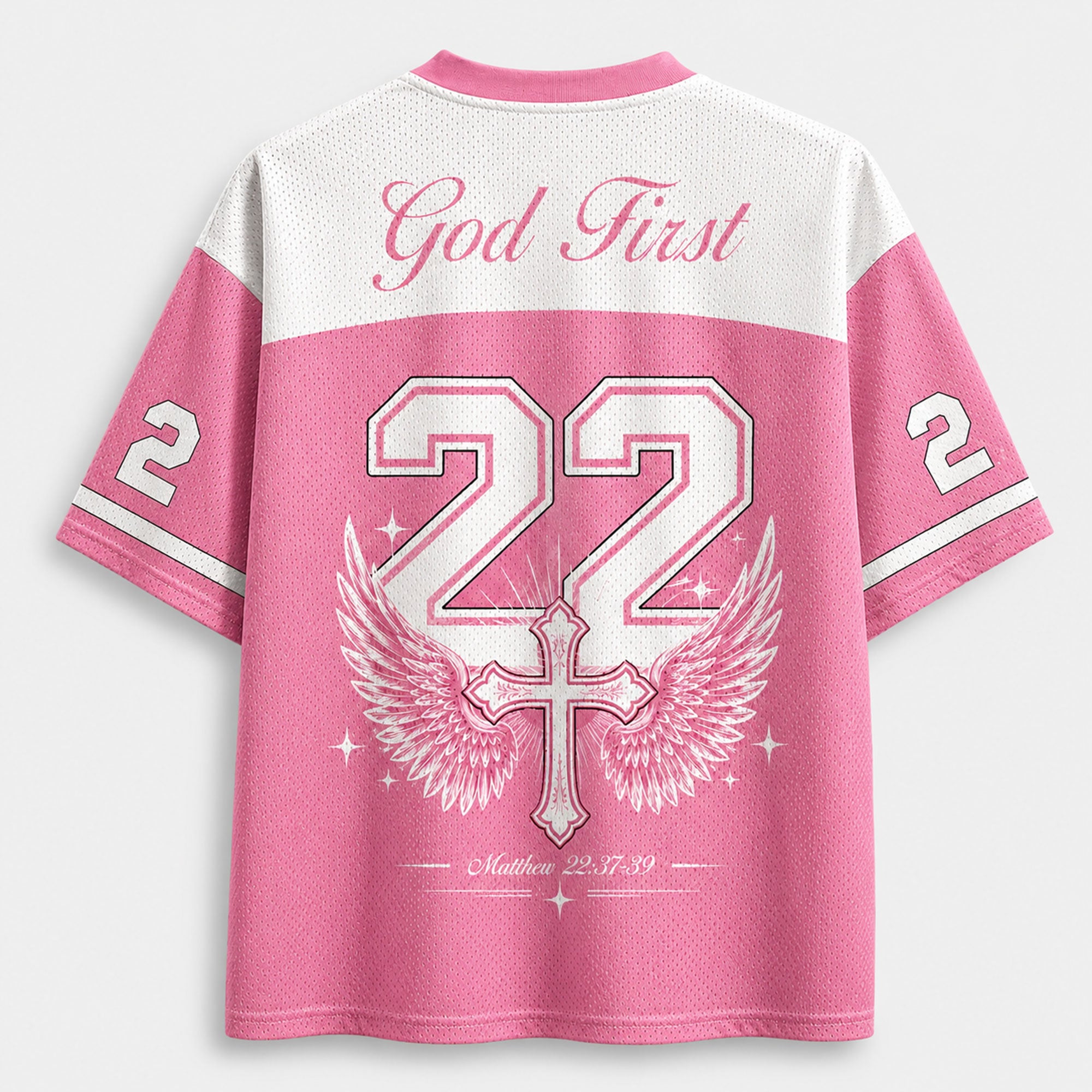 Love the Lord Christian Mesh Jersey, God First Cross Wings Shirt, Matthew 22:37–39 Bible Verse Faith Apparel